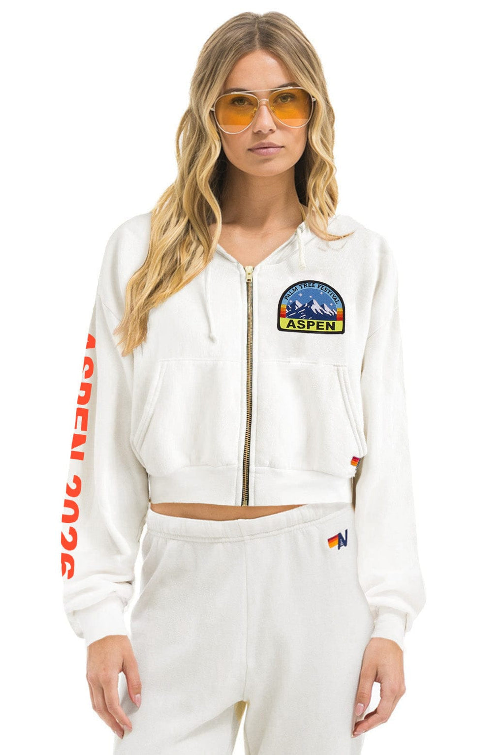 Retro PALM TREE FEST ASPEN 2026 CROPPED ZIP HOODIE RELAXED - WHITE