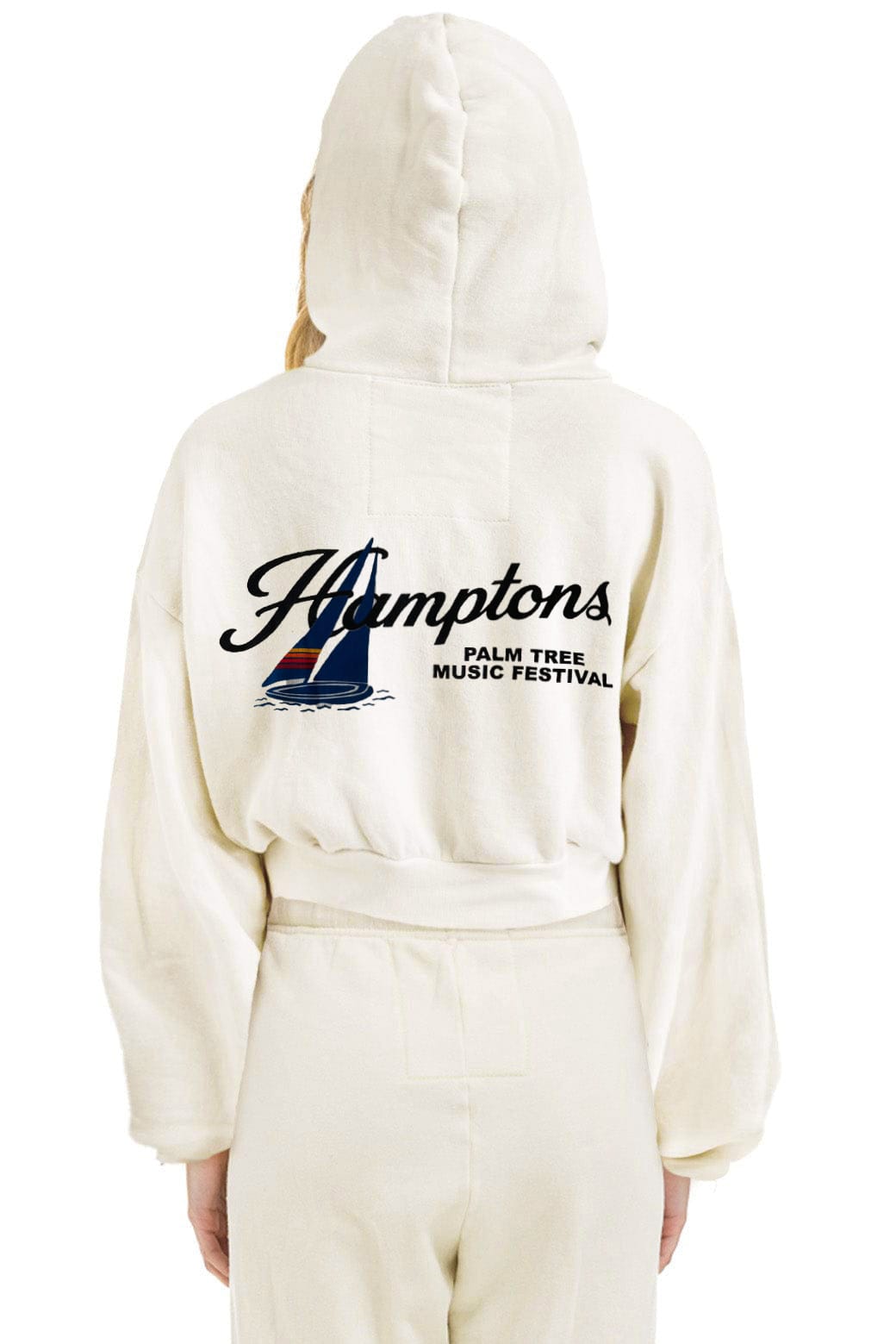 Retro PALM TREE FEST HAMPTONS 2026 CROPPED ZIP HOODIE RELAXED - VINTAGE WHITE