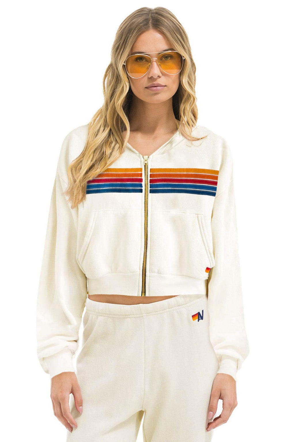 Retro PALM TREE FEST HAMPTONS 2026 CROPPED ZIP HOODIE RELAXED - VINTAGE WHITE
