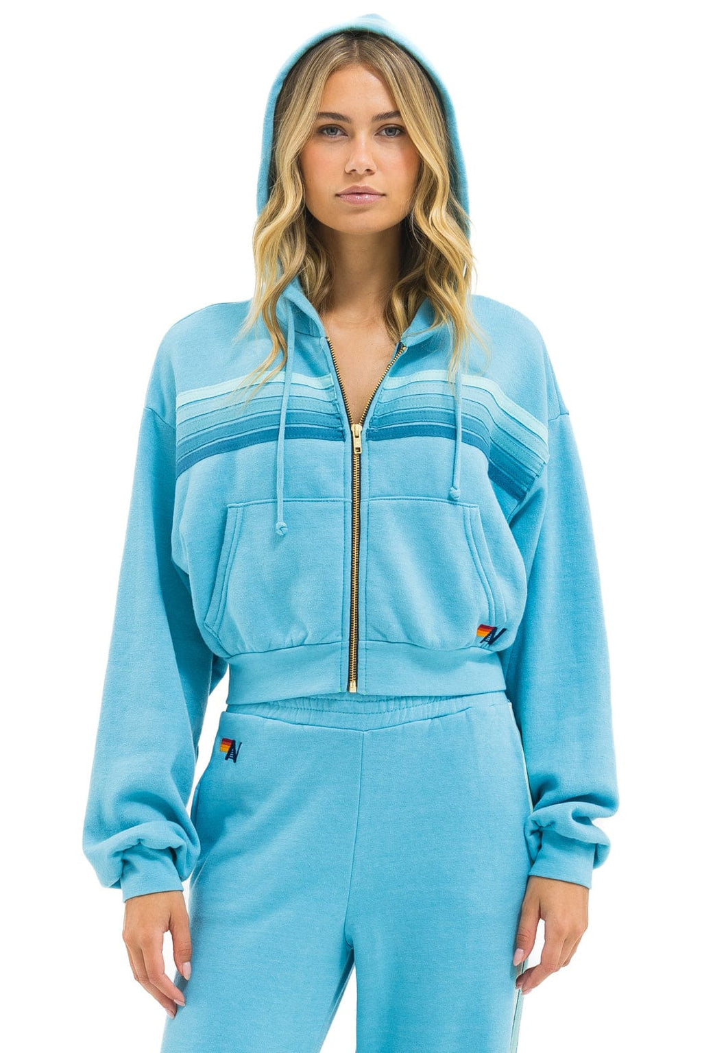 Retro 5 STRIPE CROPPED ZIP HOODIE RELAXED - AQUA AQUA