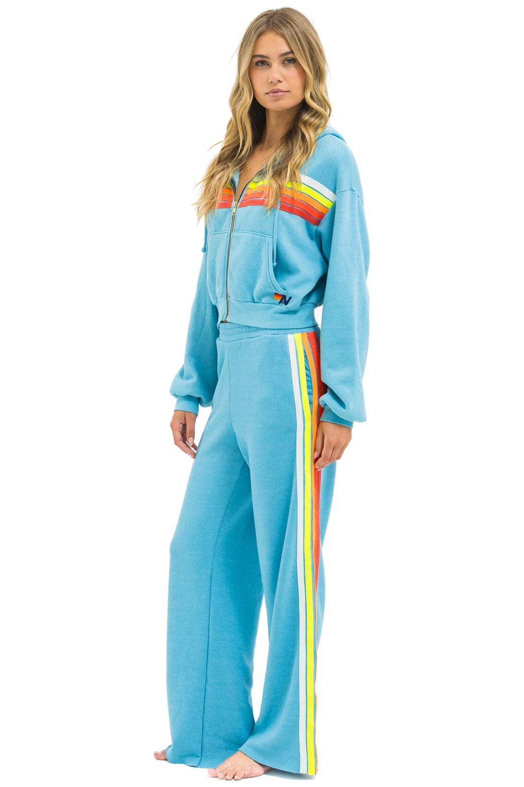 Retro 5 STRIPE CROPPED ZIP HOODIE RELAXED - AQUA WHITE NEON