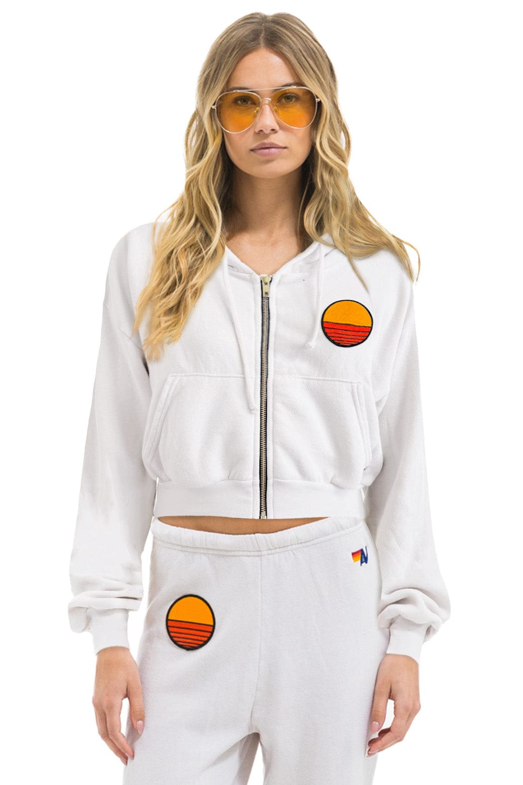 Retro SUNSET PATCH RELAXED CROPPED ZIP HOODIE - DOVE