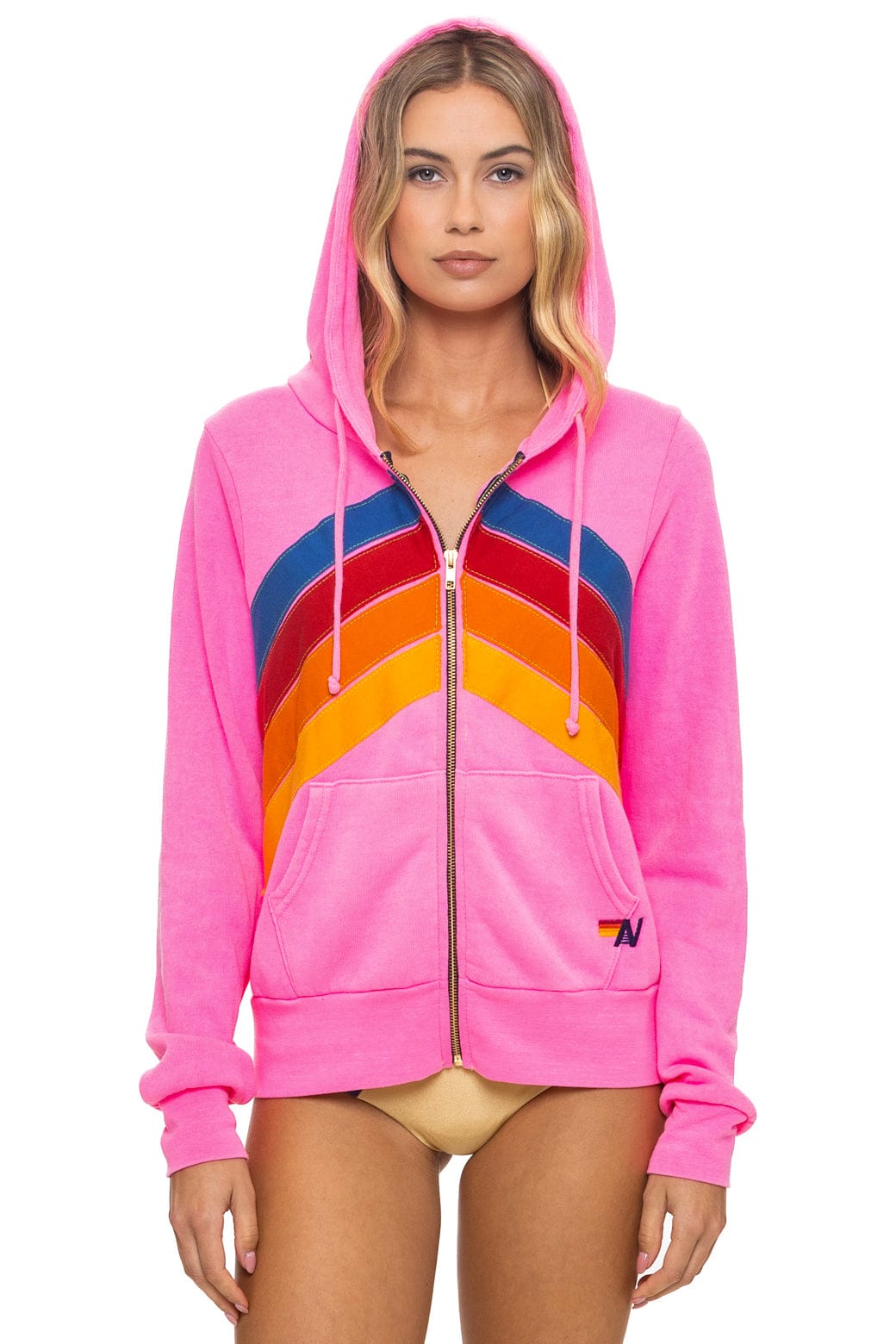 Retro MOUNTAIN STITCH CHEVRON 4 ZIP HOODIE - NEON PINK