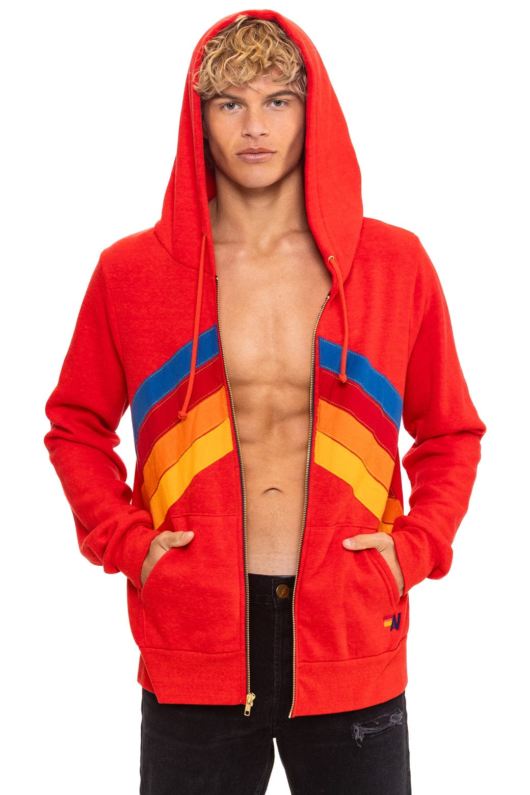 Retro MOUNTAIN STITCH CHEVRON 4 ZIP HOODIE - RED