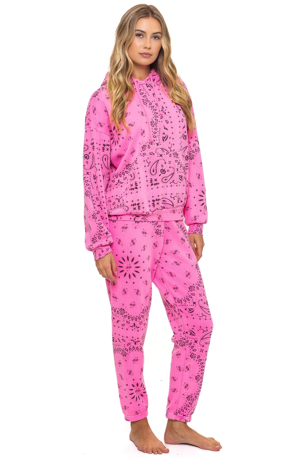 Retro BANDANA RELAXED PULLOVER HOODIE - NEON PINK