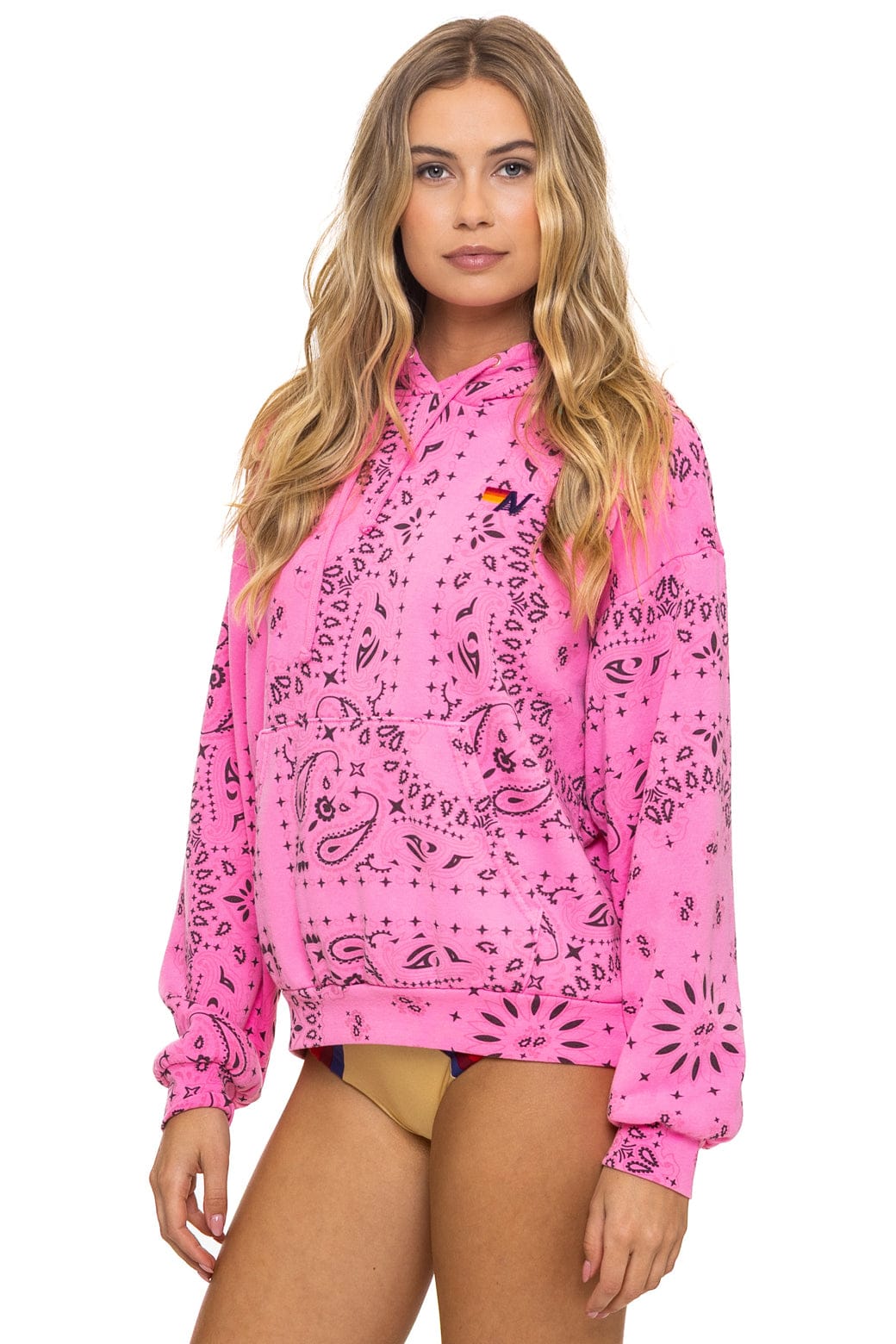 Retro BANDANA RELAXED PULLOVER HOODIE - NEON PINK