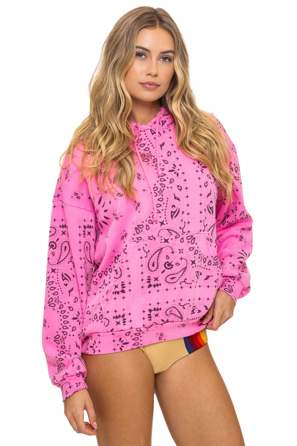 Retro BANDANA RELAXED PULLOVER HOODIE - NEON PINK