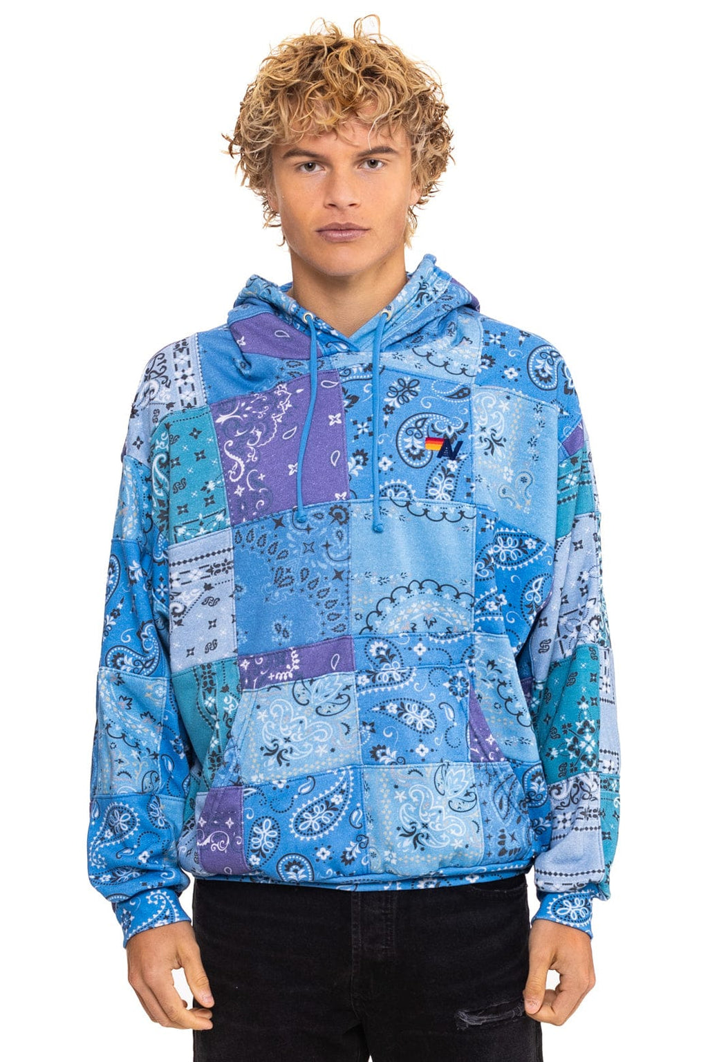 Retro BANDANA QUILTED RELAXED PULLOVER HOODIE - BLUE