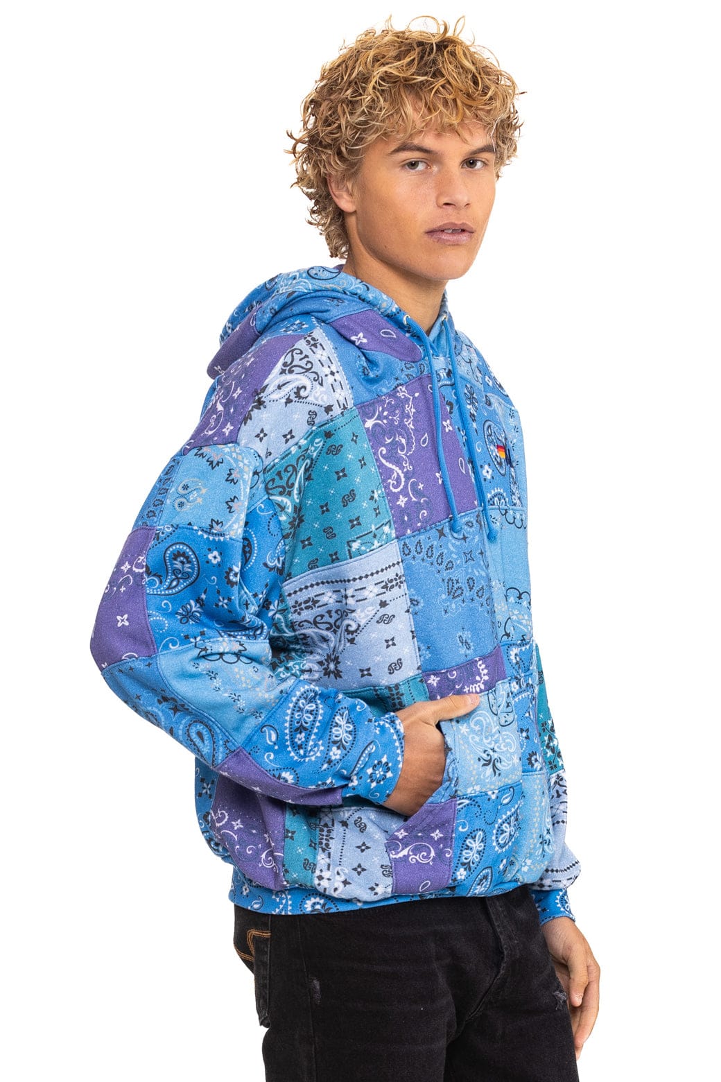 Retro BANDANA QUILTED RELAXED PULLOVER HOODIE - BLUE