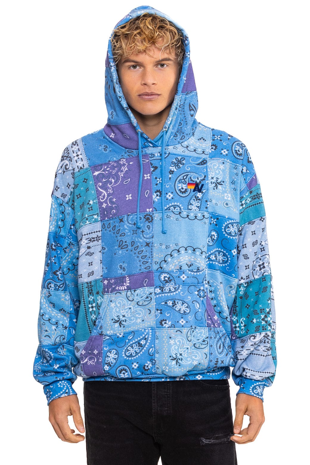 Retro BANDANA QUILTED RELAXED PULLOVER HOODIE - BLUE