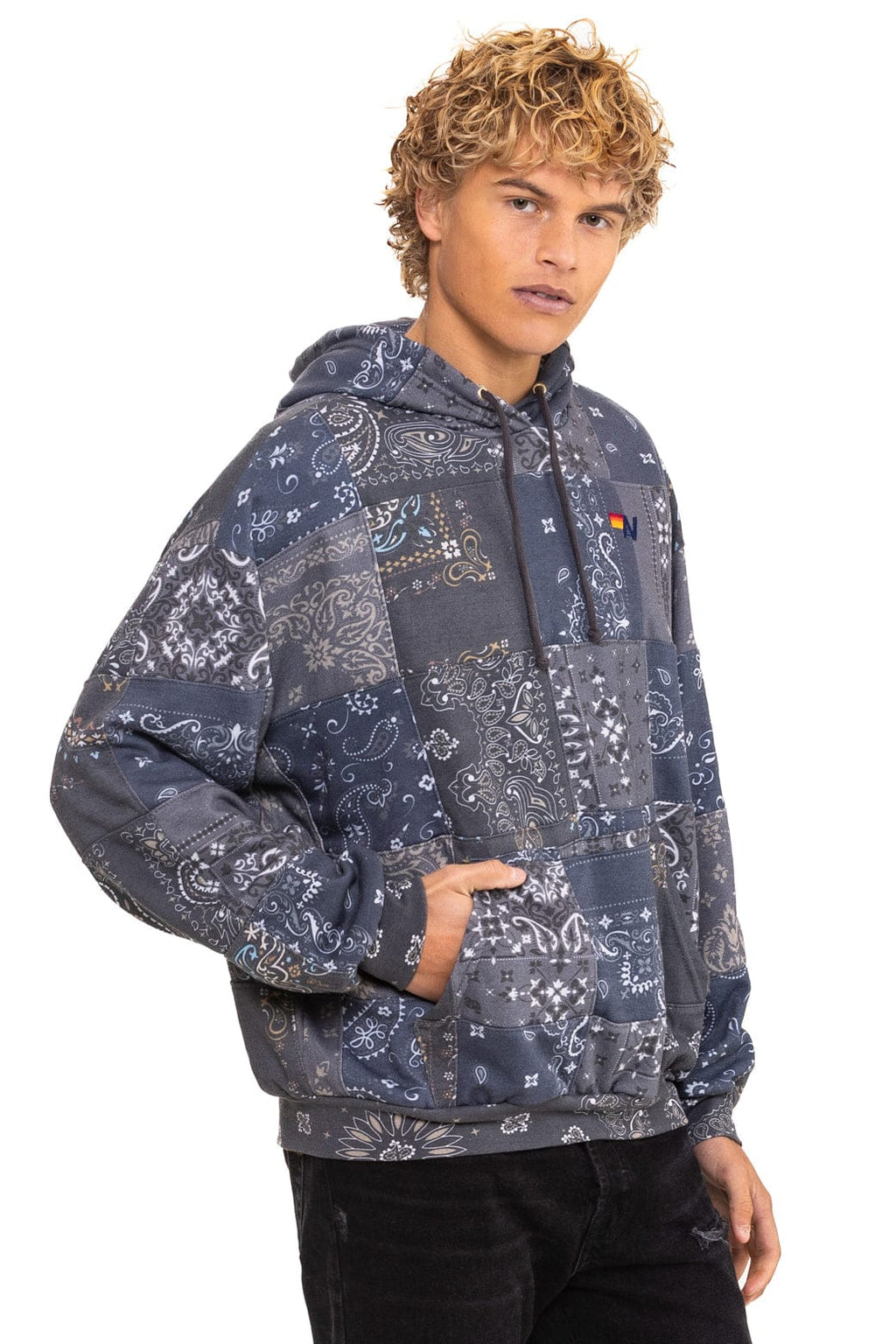 Retro BANDANA QUILTED RELAXED PULLOVER HOODIE - CHARCOAL