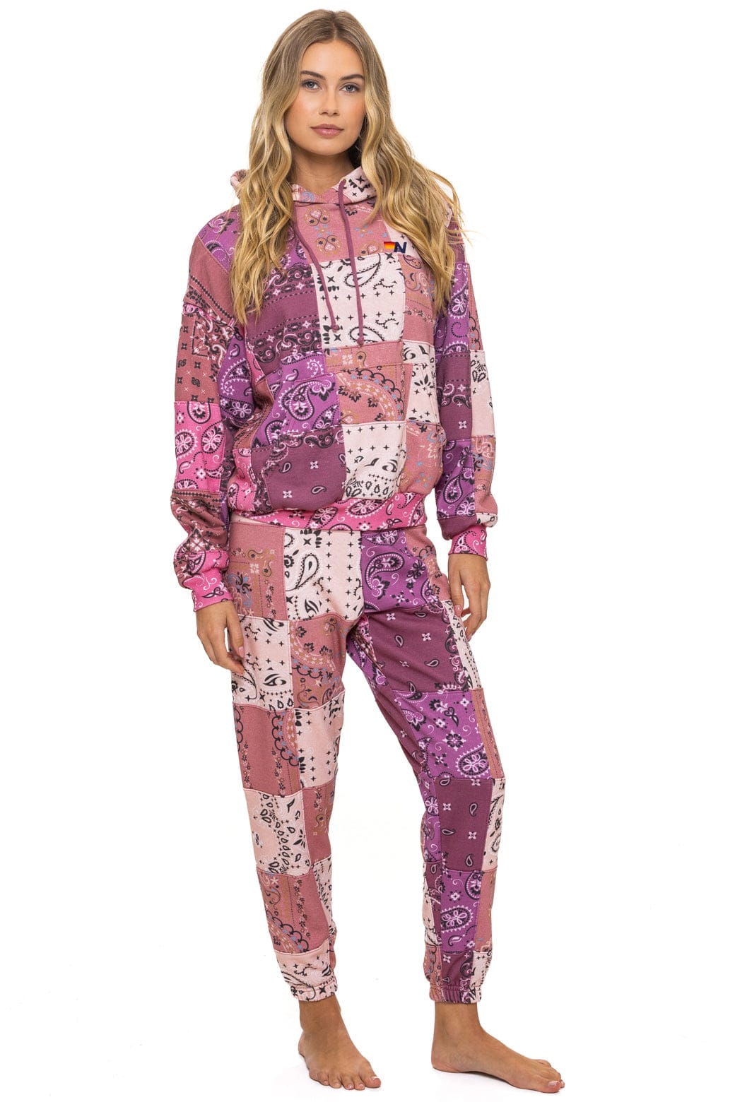 Retro BANDANA QUILTED RELAXED PULLOVER HOODIE - PINK