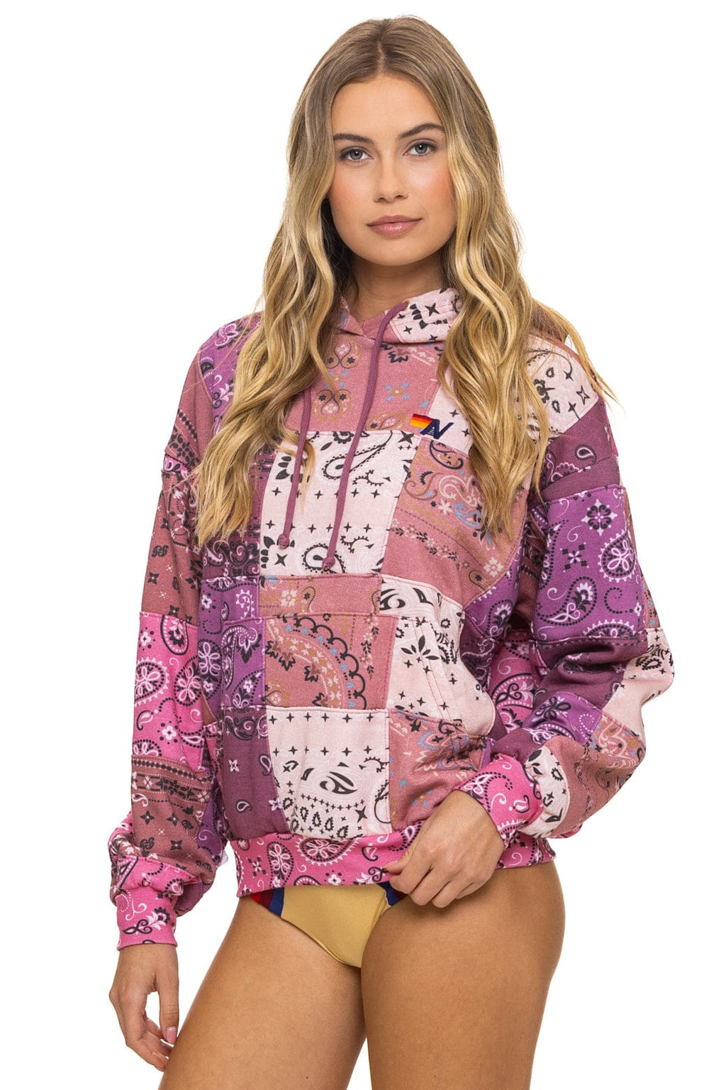 Retro BANDANA QUILTED RELAXED PULLOVER HOODIE - PINK