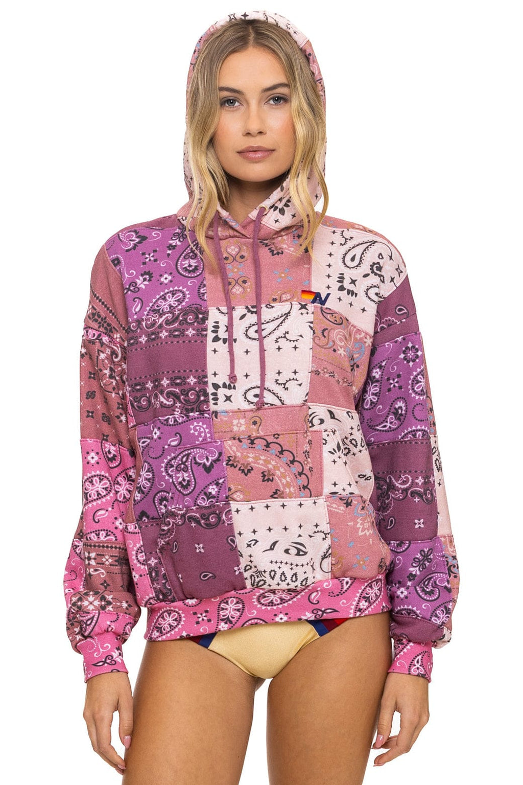 Retro BANDANA QUILTED RELAXED PULLOVER HOODIE - PINK