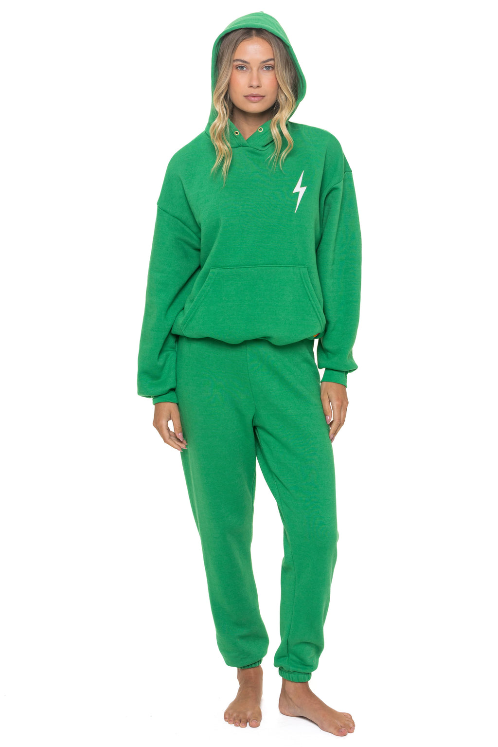 Retro BOLT STITCH RELAXED PULLOVER HOODIE - KELLY GREEN WHITE