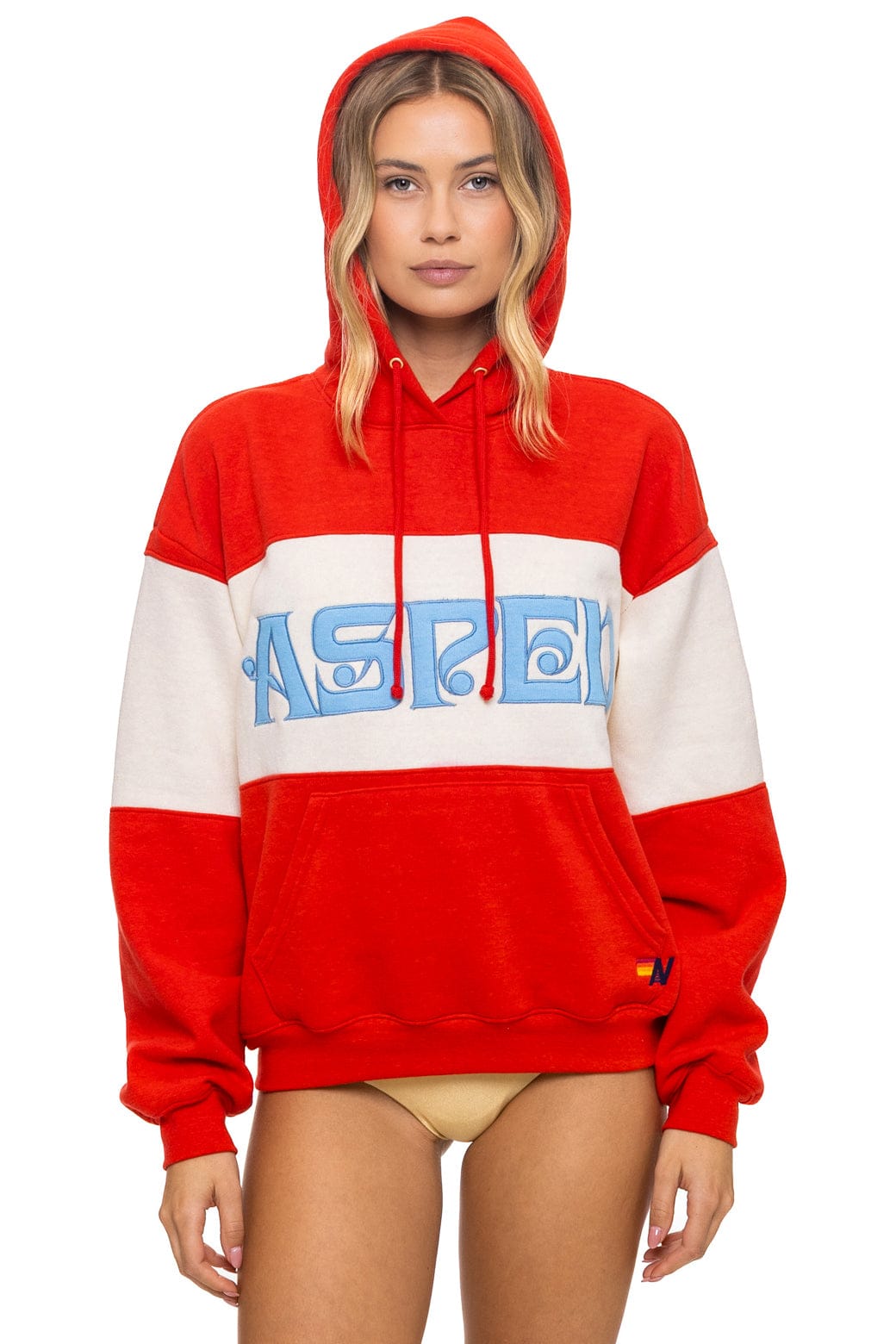 Retro ASPEN EMBROIDERY COLOR BLOCK PULLOVER HOODIE RELAXED - RED VINTAGE WHITE