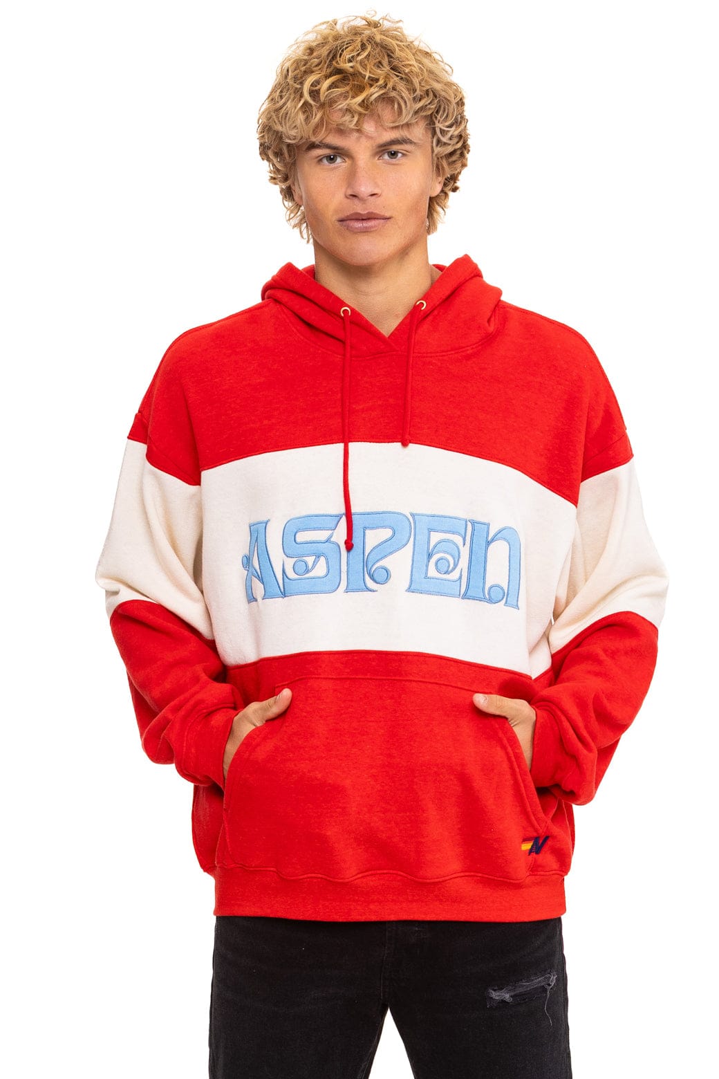 Retro ASPEN EMBROIDERY COLOR BLOCK PULLOVER HOODIE RELAXED - RED VINTAGE WHITE
