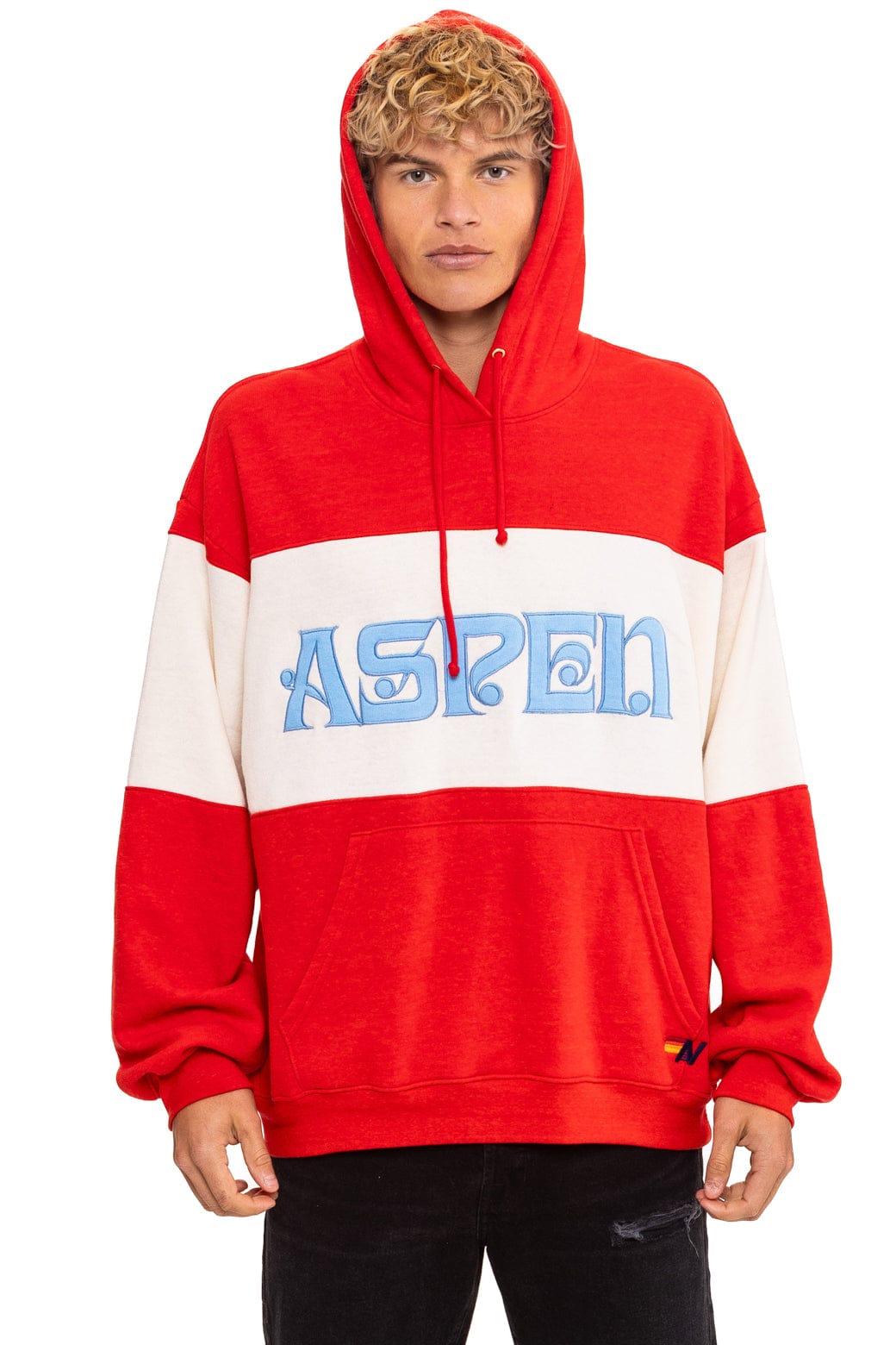 Retro ASPEN EMBROIDERY COLOR BLOCK PULLOVER HOODIE RELAXED - RED VINTAGE WHITE