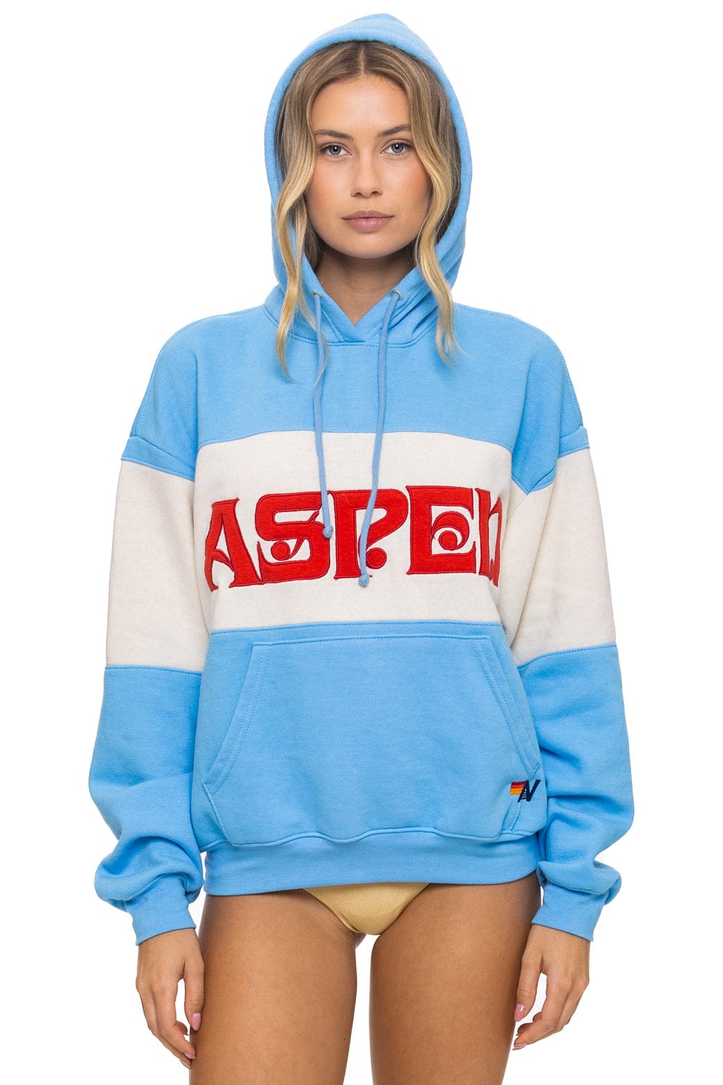 Retro ASPEN EMBROIDERY COLOR BLOCK PULLOVER HOODIE RELAXED - SKY VINTAGE WHITE