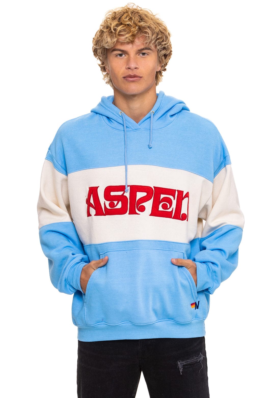 Retro ASPEN EMBROIDERY COLOR BLOCK PULLOVER HOODIE RELAXED - SKY VINTAGE WHITE