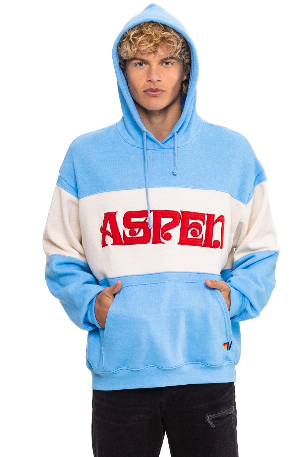 Retro ASPEN EMBROIDERY COLOR BLOCK PULLOVER HOODIE RELAXED - SKY VINTAGE WHITE