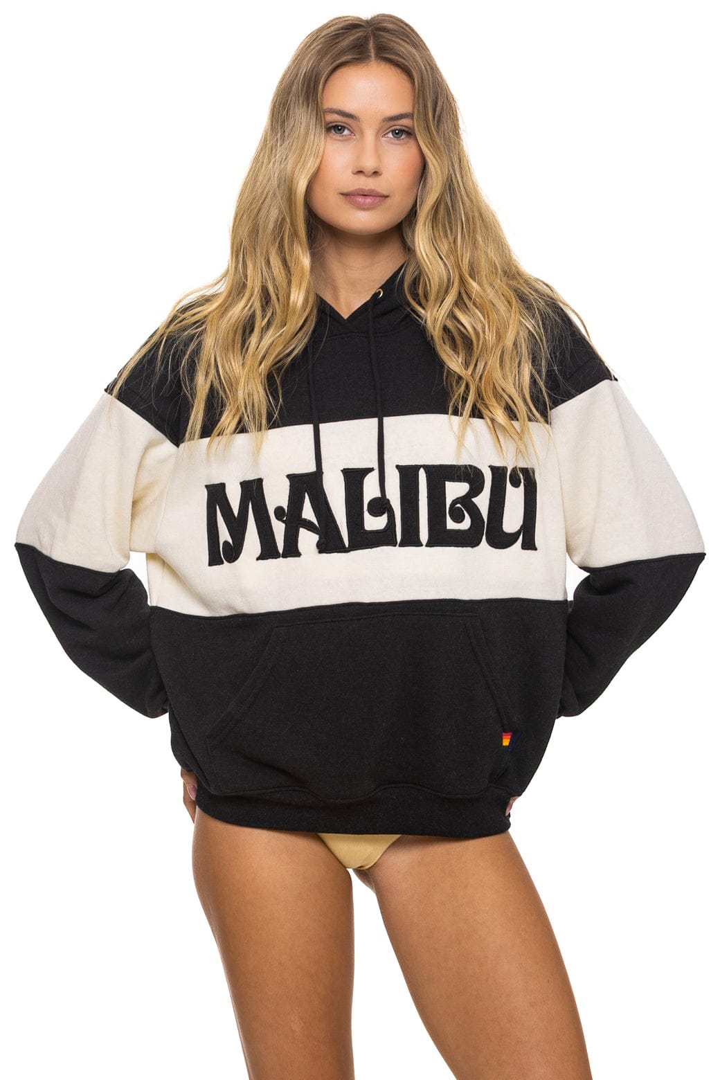 Retro MALIBU EMBROIDERY COLOR BLOCK PULLOVER HOODIE RELAXED - BLACK VINTAGE WHITE