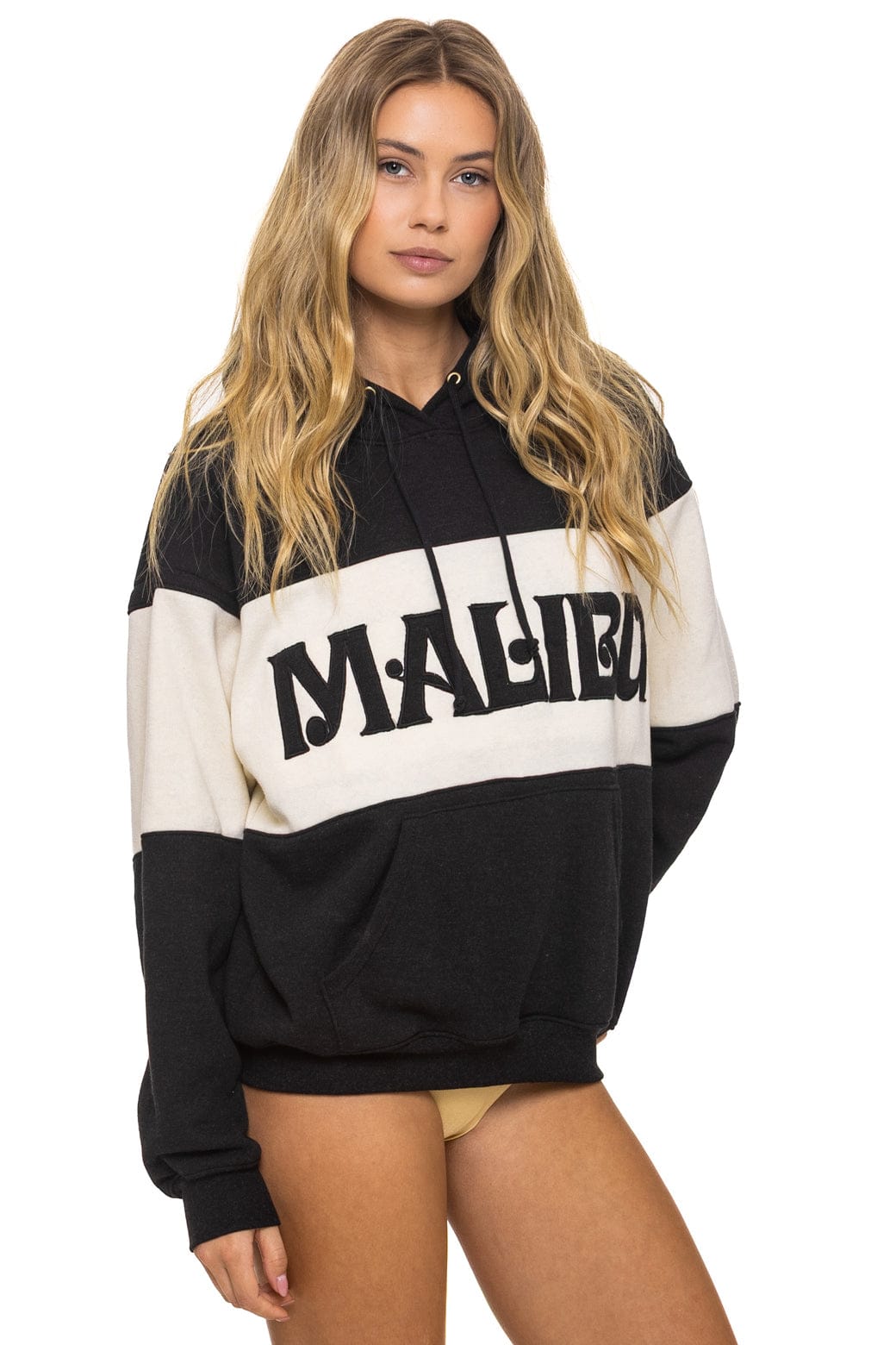 Retro MALIBU EMBROIDERY COLOR BLOCK PULLOVER HOODIE RELAXED - BLACK VINTAGE WHITE