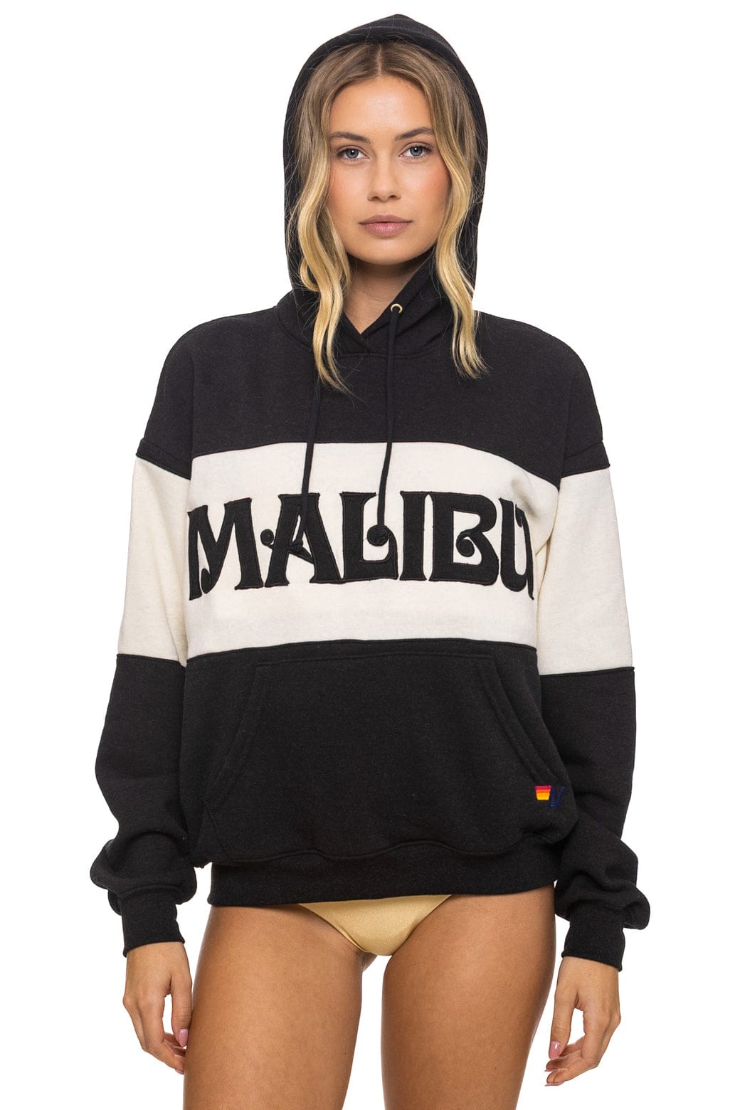 Retro MALIBU EMBROIDERY COLOR BLOCK PULLOVER HOODIE RELAXED - BLACK VINTAGE WHITE