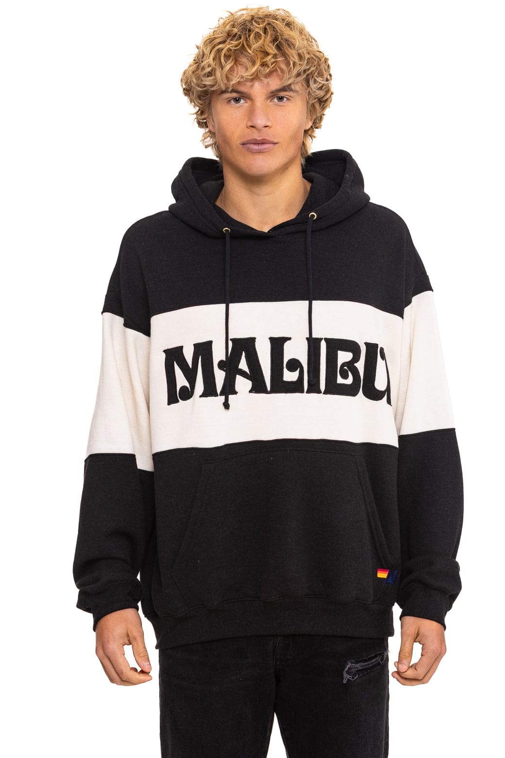 Retro MALIBU EMBROIDERY COLOR BLOCK PULLOVER HOODIE RELAXED - BLACK VINTAGE WHITE