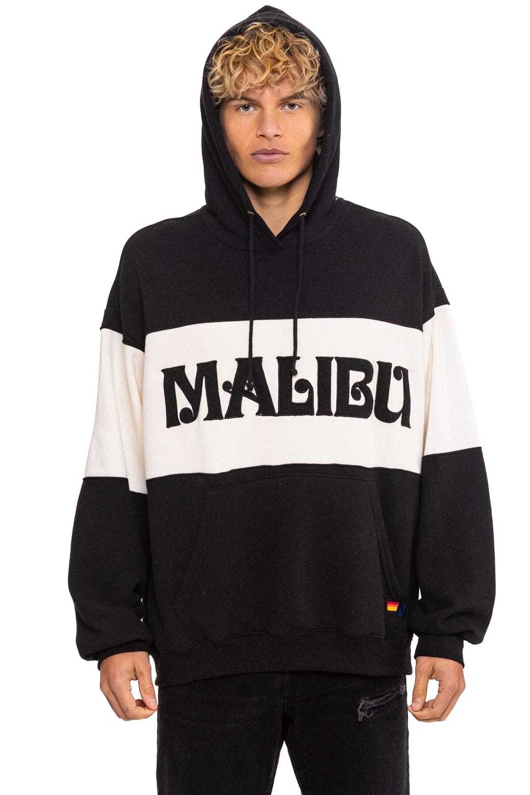 Retro MALIBU EMBROIDERY COLOR BLOCK PULLOVER HOODIE RELAXED - BLACK VINTAGE WHITE