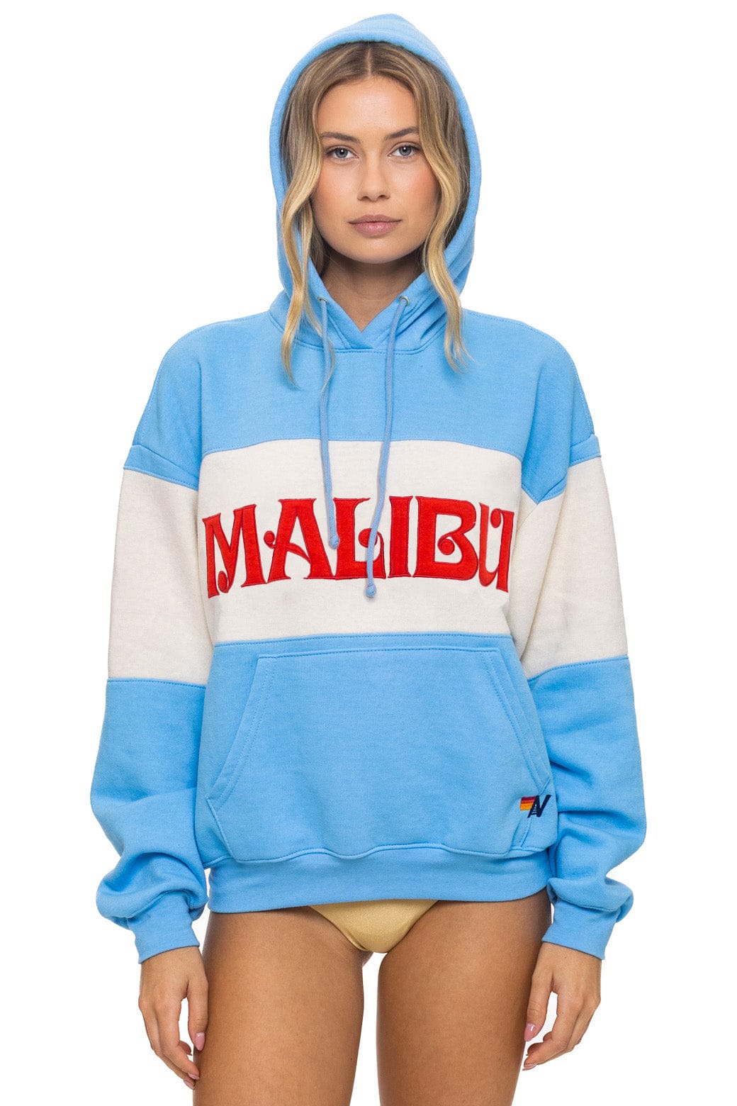 Retro MALIBU EMBROIDERY COLOR BLOCK PULLOVER HOODIE RELAXED - SKY VINTAGE WHITE