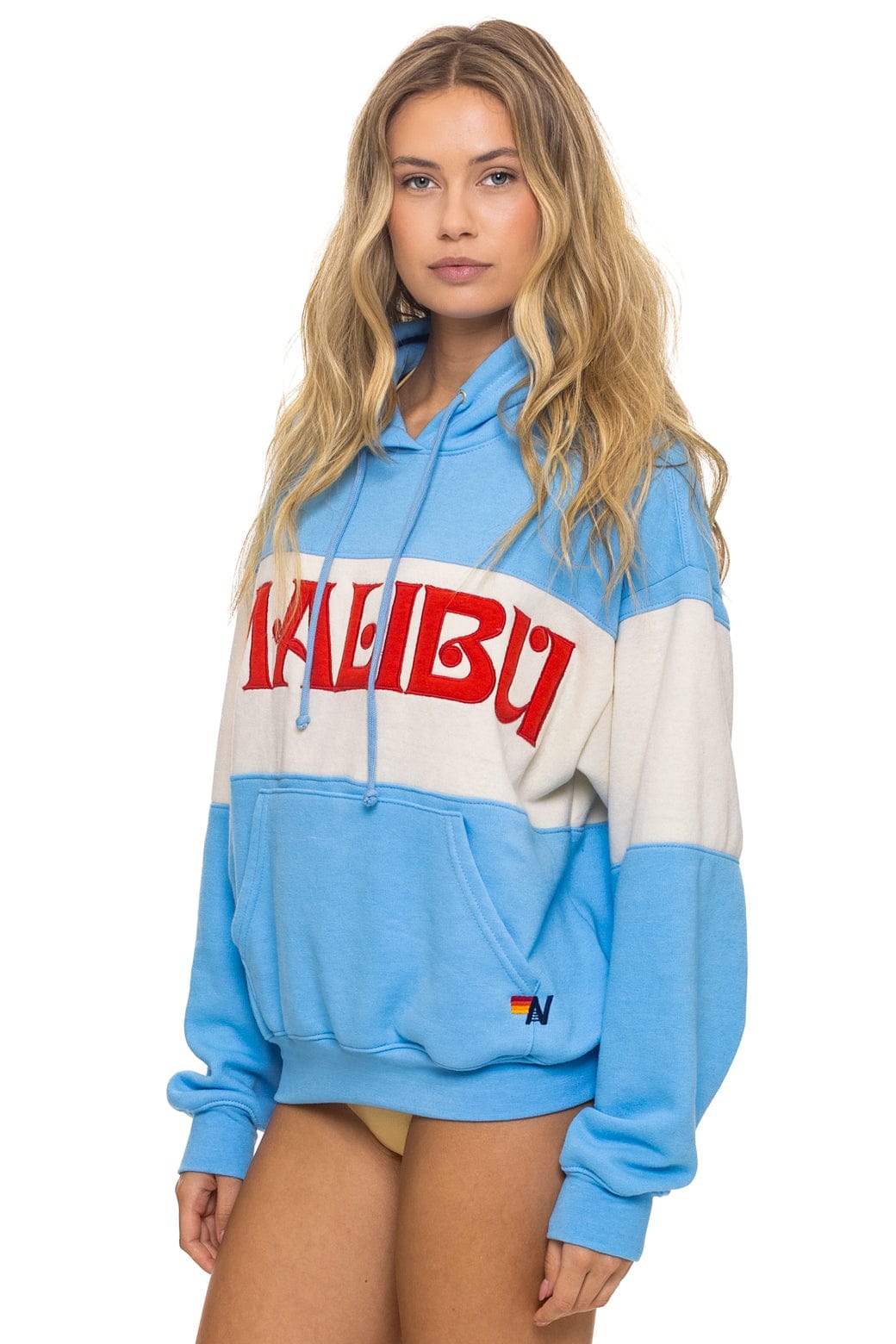 Retro MALIBU EMBROIDERY COLOR BLOCK PULLOVER HOODIE RELAXED - SKY VINTAGE WHITE