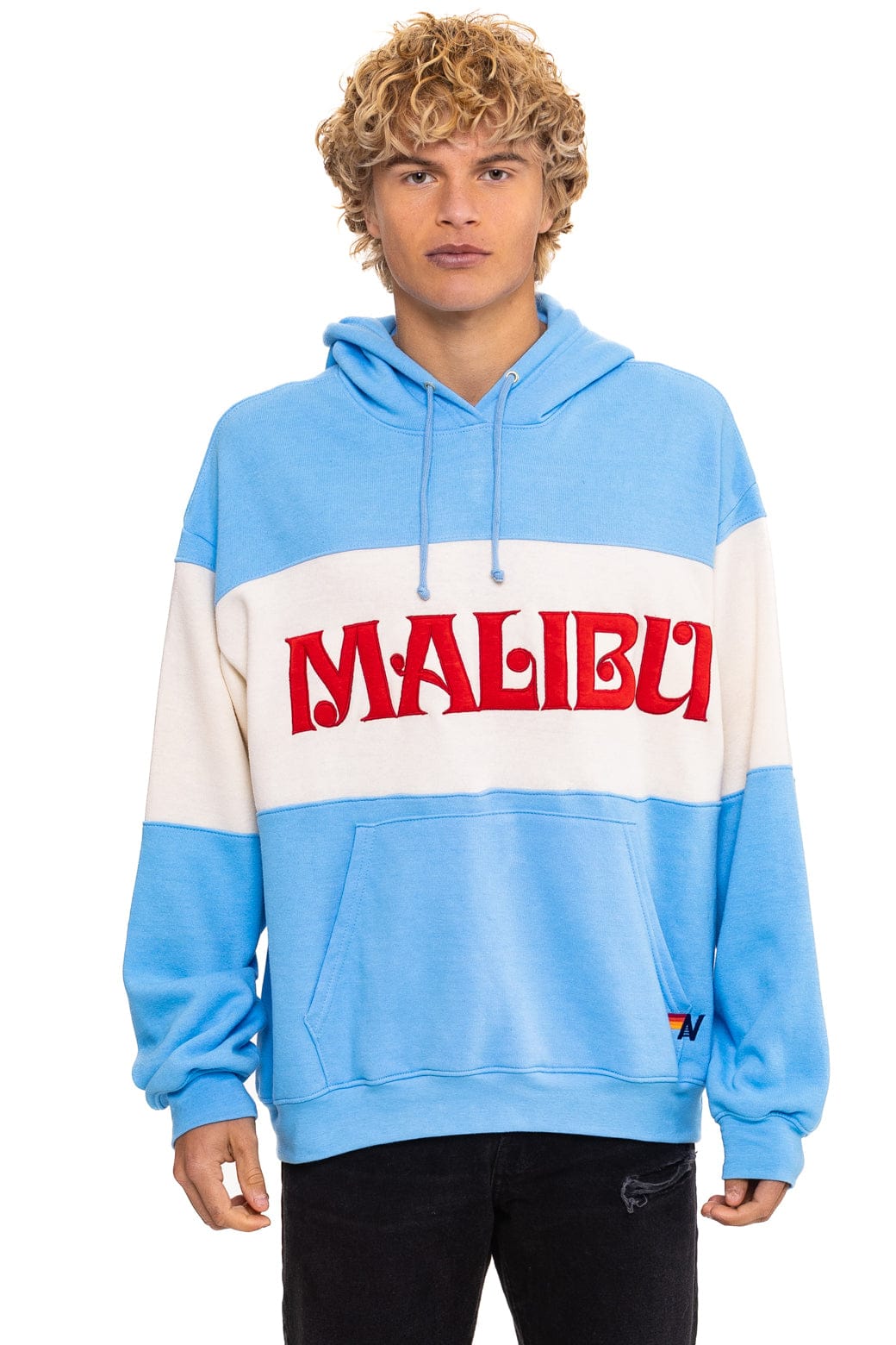 Retro MALIBU EMBROIDERY COLOR BLOCK PULLOVER HOODIE RELAXED - SKY VINTAGE WHITE