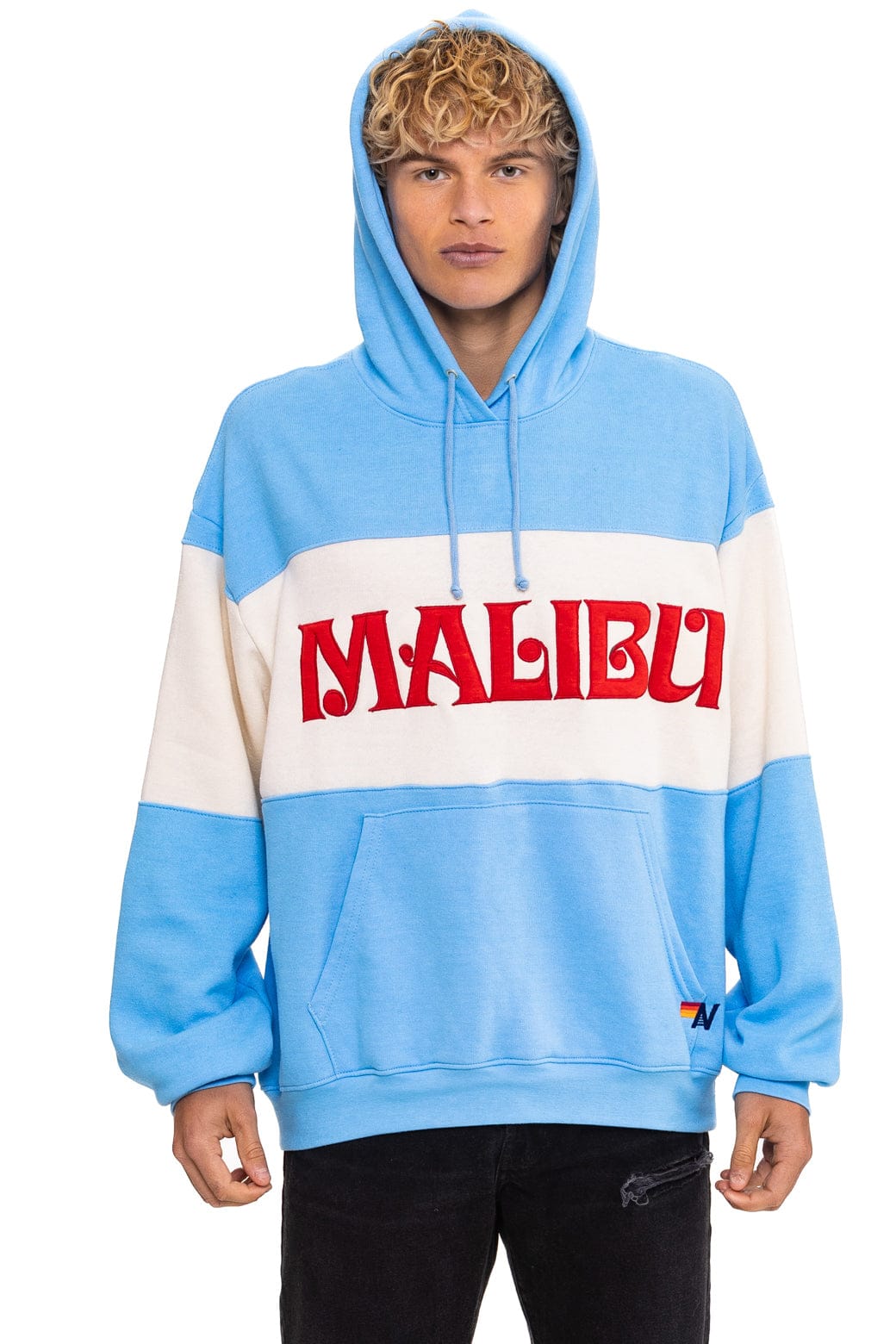 Retro MALIBU EMBROIDERY COLOR BLOCK PULLOVER HOODIE RELAXED - SKY VINTAGE WHITE
