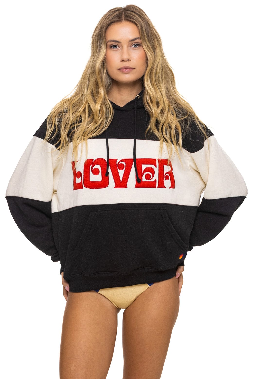 Retro LOVER EMBROIDERY COLOR BLOCK PULLOVER HOODIE RELAXED - BLACK VINTAGE WHITE