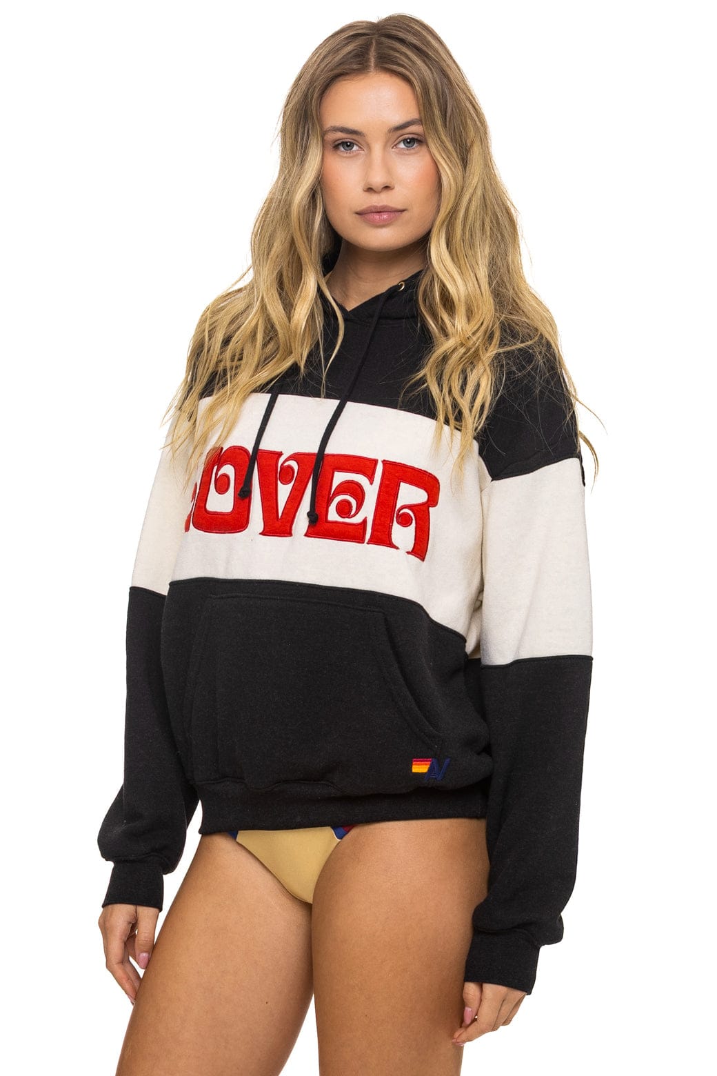 Retro LOVER EMBROIDERY COLOR BLOCK PULLOVER HOODIE RELAXED - BLACK VINTAGE WHITE