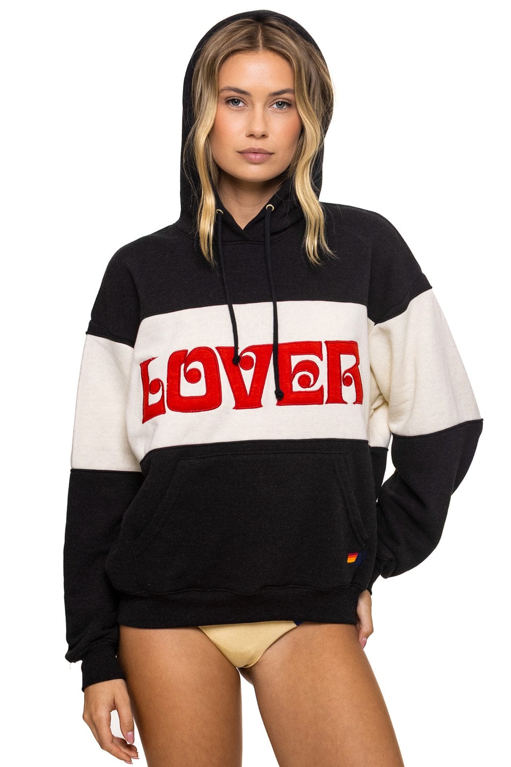 Retro LOVER EMBROIDERY COLOR BLOCK PULLOVER HOODIE RELAXED - BLACK VINTAGE WHITE