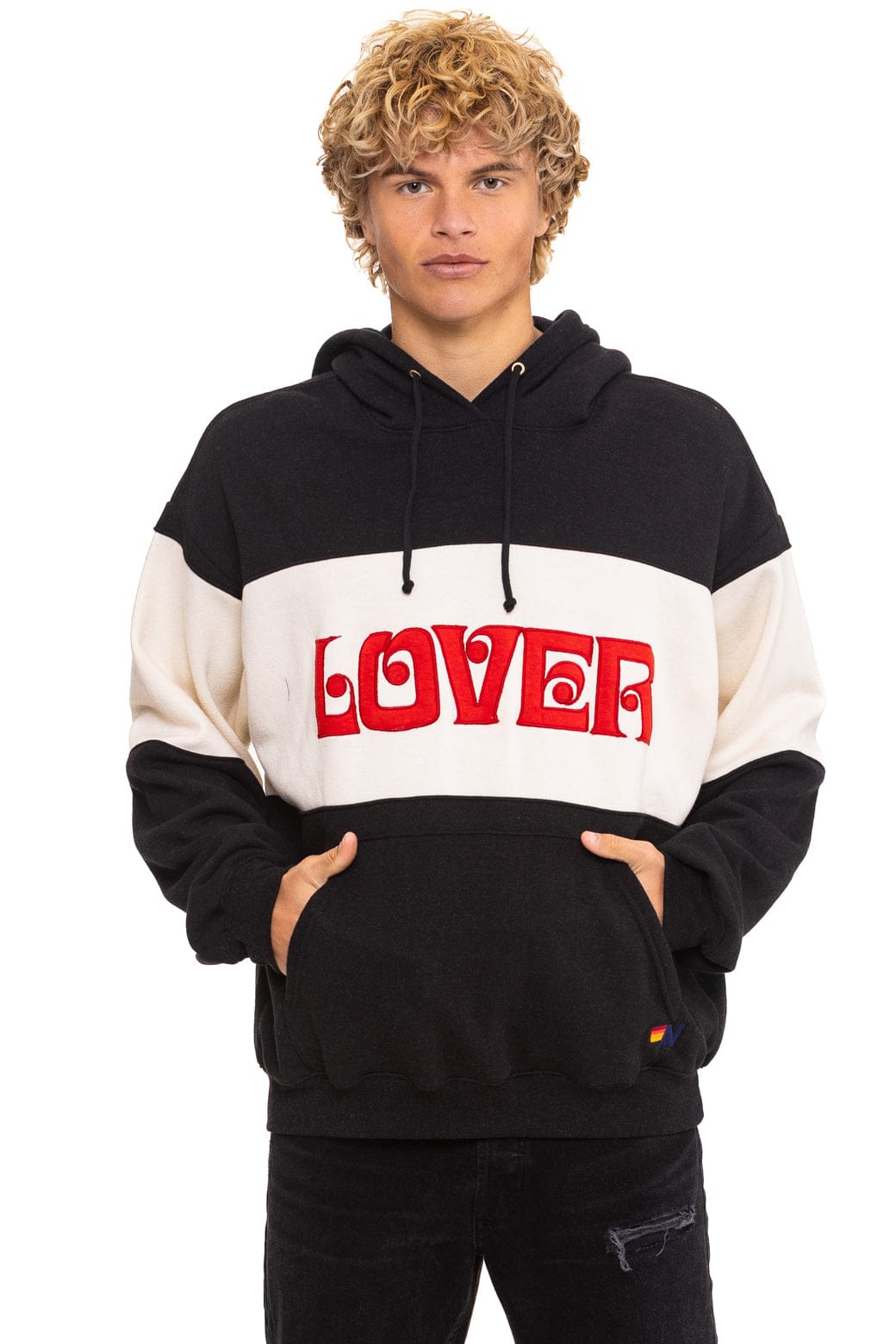 Retro LOVER EMBROIDERY COLOR BLOCK PULLOVER HOODIE RELAXED - BLACK VINTAGE WHITE