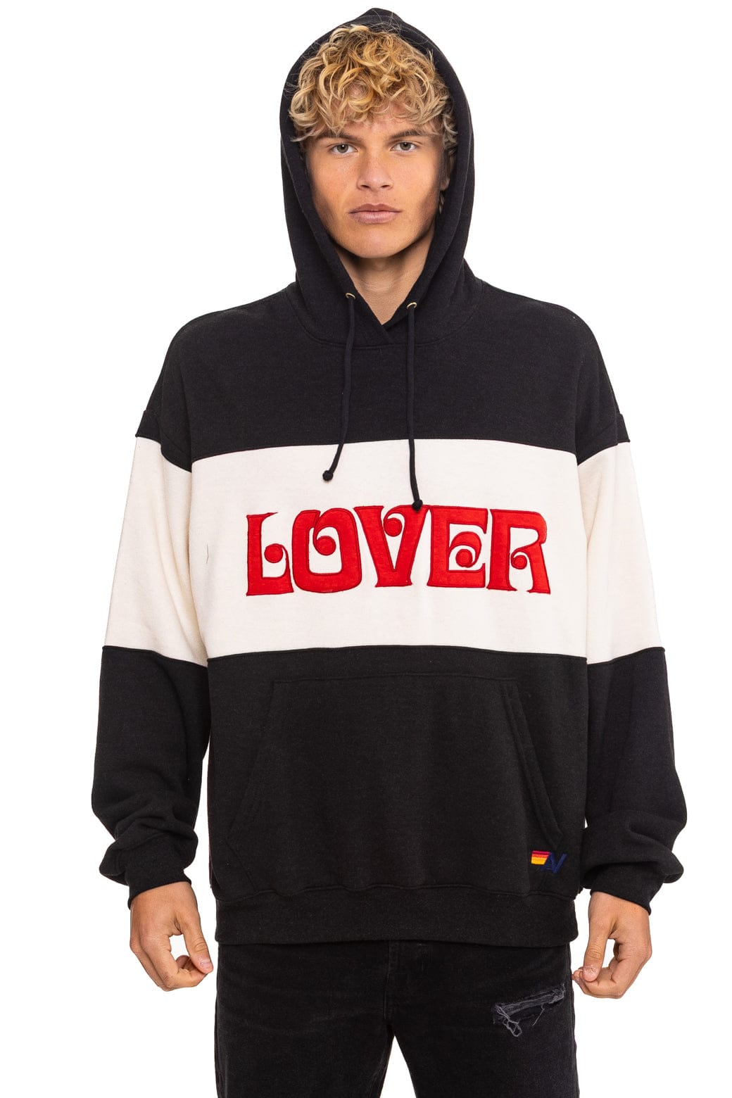 Retro LOVER EMBROIDERY COLOR BLOCK PULLOVER HOODIE RELAXED - BLACK VINTAGE WHITE