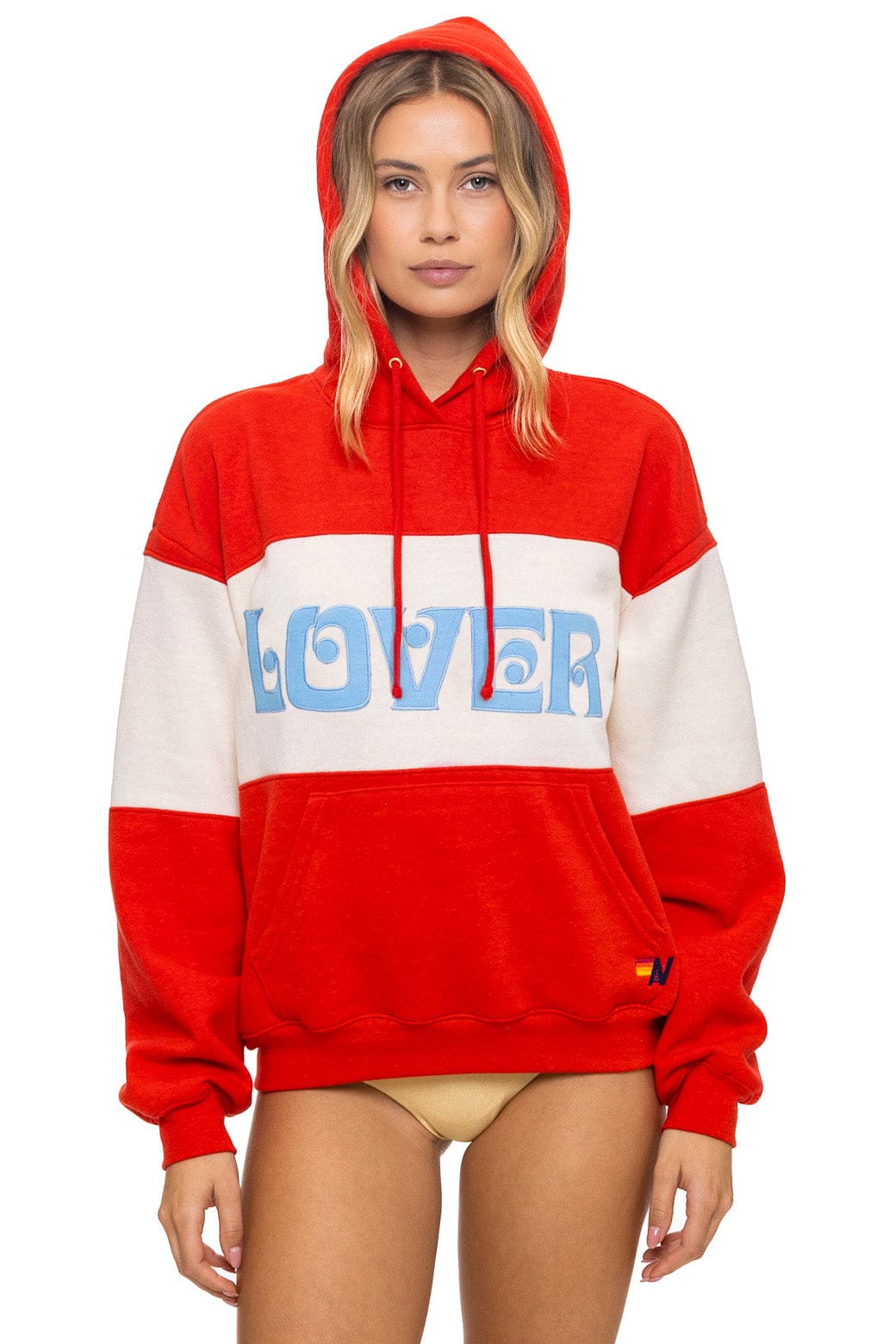 Retro LOVER EMBROIDERY COLOR BLOCK PULLOVER HOODIE RELAXED - RED VINTAGE WHITE