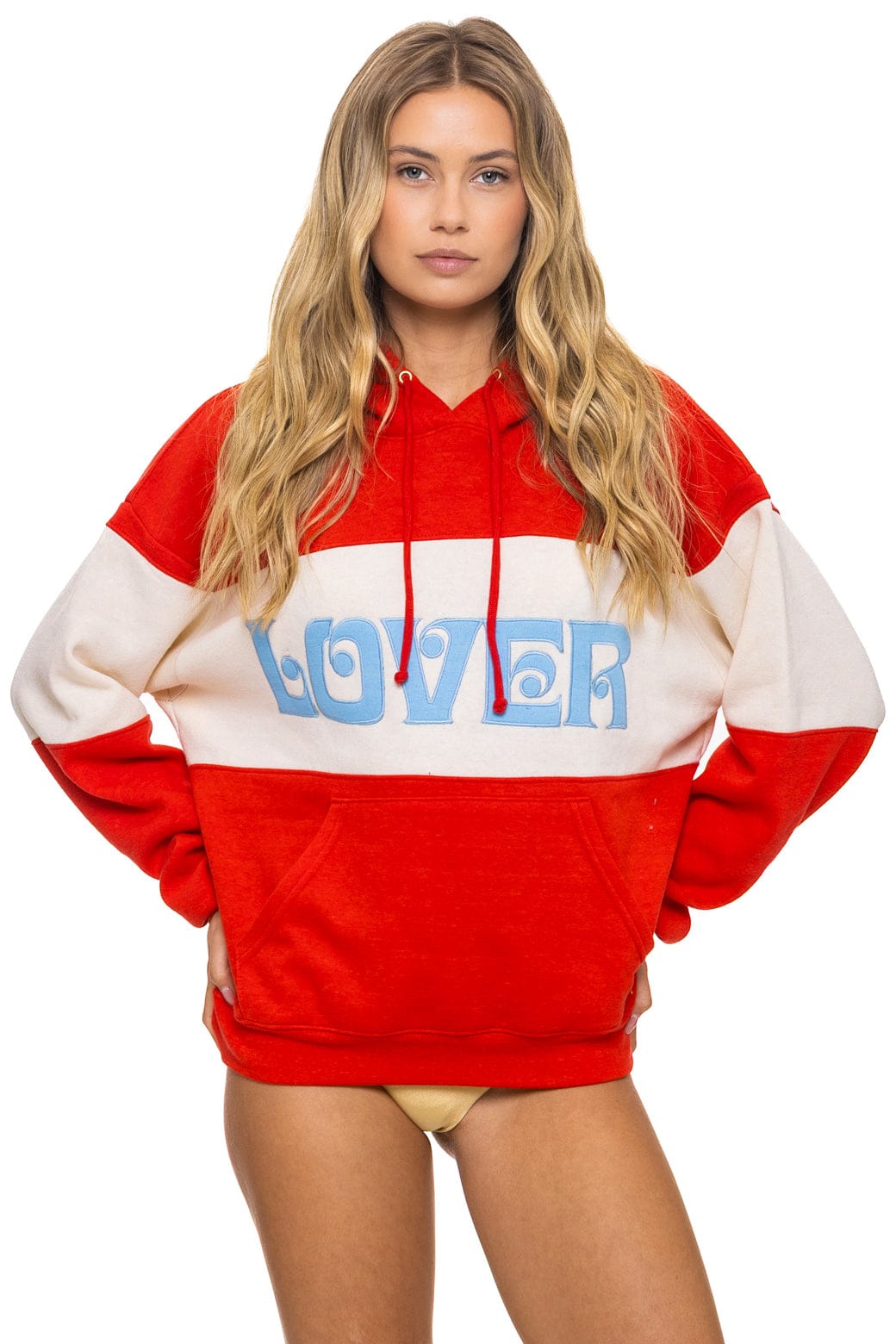Retro LOVER EMBROIDERY COLOR BLOCK PULLOVER HOODIE RELAXED - RED VINTAGE WHITE