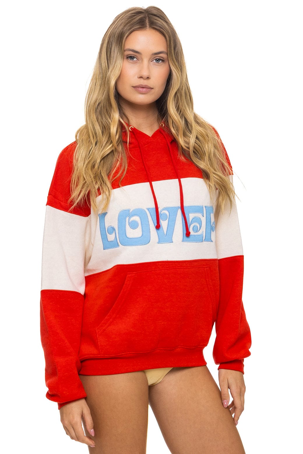 Retro LOVER EMBROIDERY COLOR BLOCK PULLOVER HOODIE RELAXED - RED VINTAGE WHITE