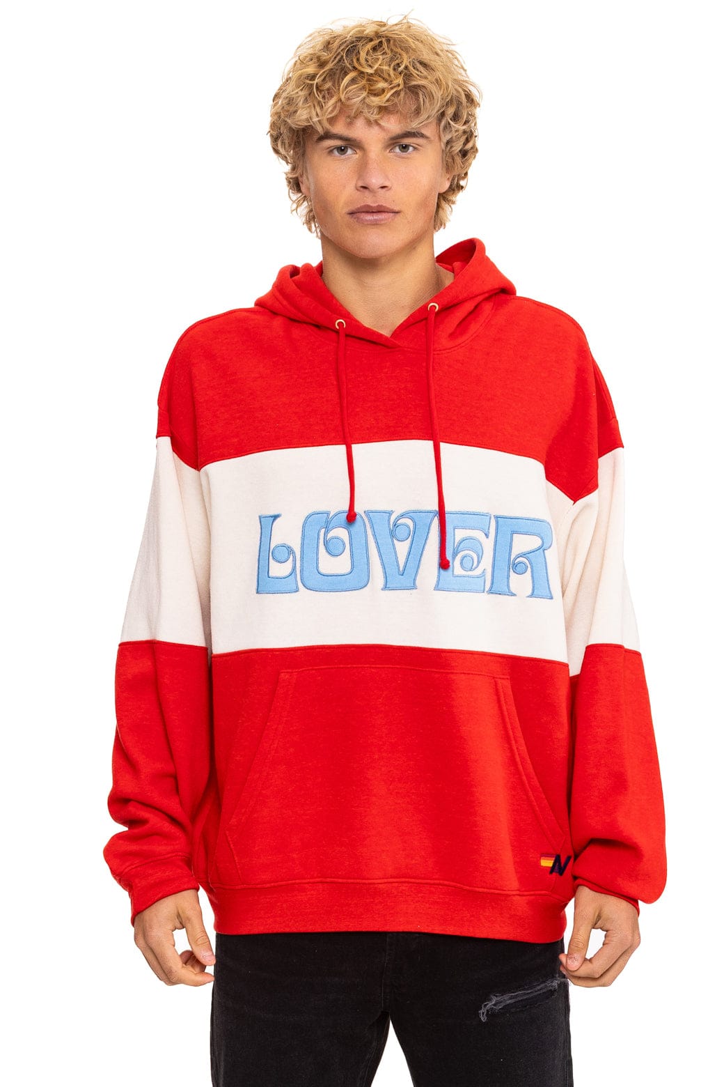 Retro LOVER EMBROIDERY COLOR BLOCK PULLOVER HOODIE RELAXED - RED VINTAGE WHITE