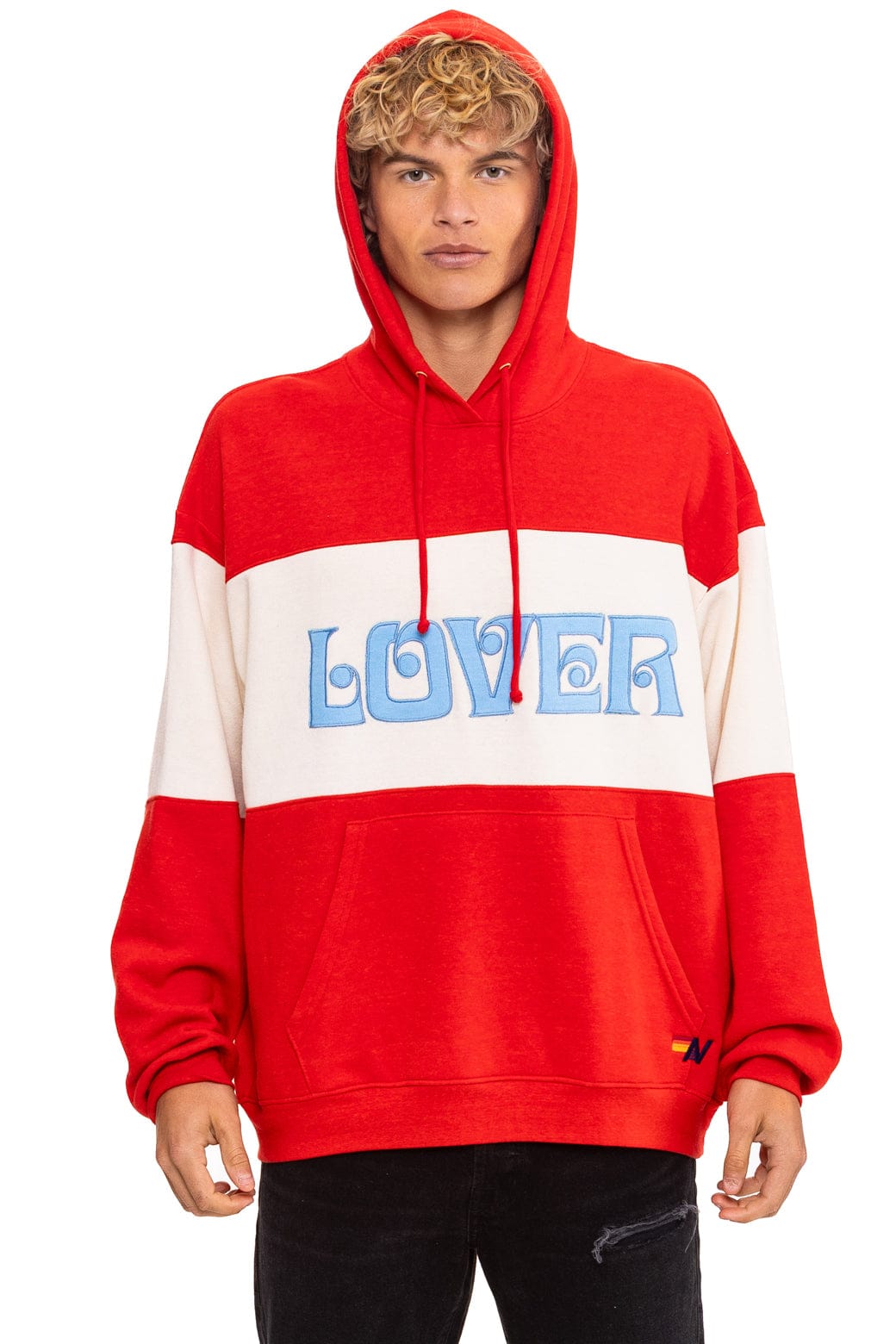 Retro LOVER EMBROIDERY COLOR BLOCK PULLOVER HOODIE RELAXED - RED VINTAGE WHITE