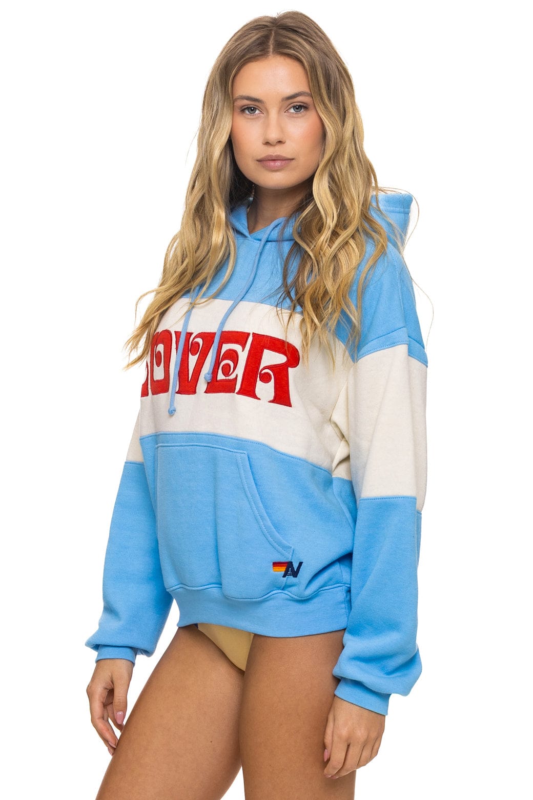 Retro LOVER EMBROIDERY COLOR BLOCK PULLOVER HOODIE RELAXED - SKY VINTAGE WHITE