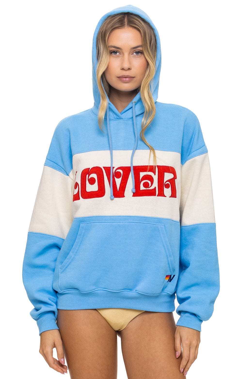 Retro LOVER EMBROIDERY COLOR BLOCK PULLOVER HOODIE RELAXED - SKY VINTAGE WHITE