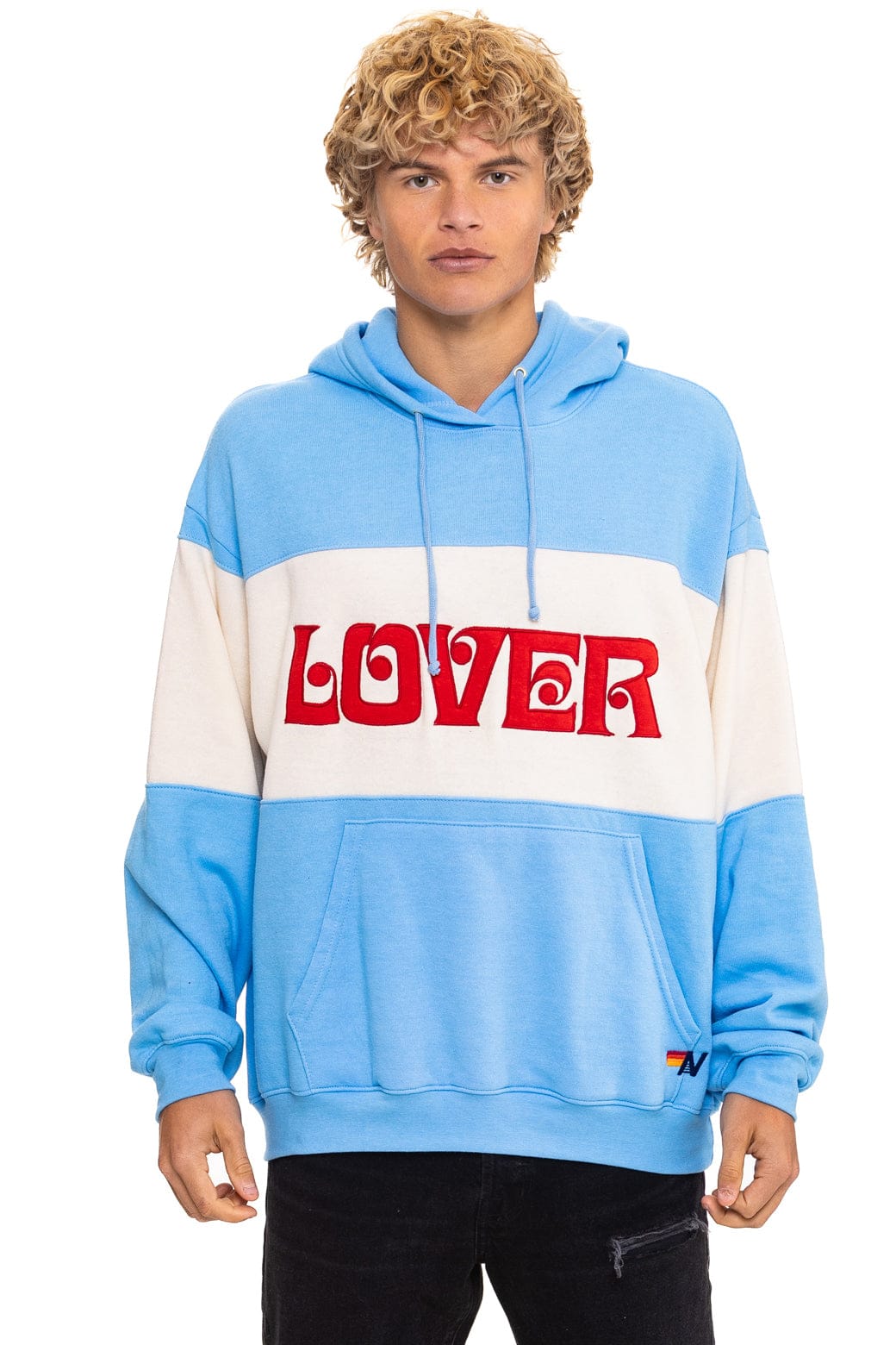 Retro LOVER EMBROIDERY COLOR BLOCK PULLOVER HOODIE RELAXED - SKY VINTAGE WHITE