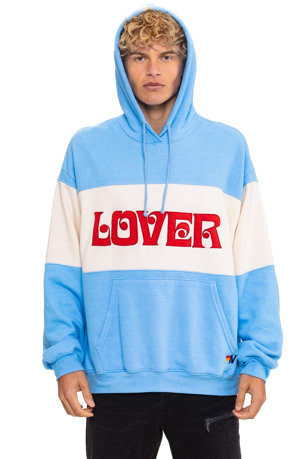 Retro LOVER EMBROIDERY COLOR BLOCK PULLOVER HOODIE RELAXED - SKY VINTAGE WHITE