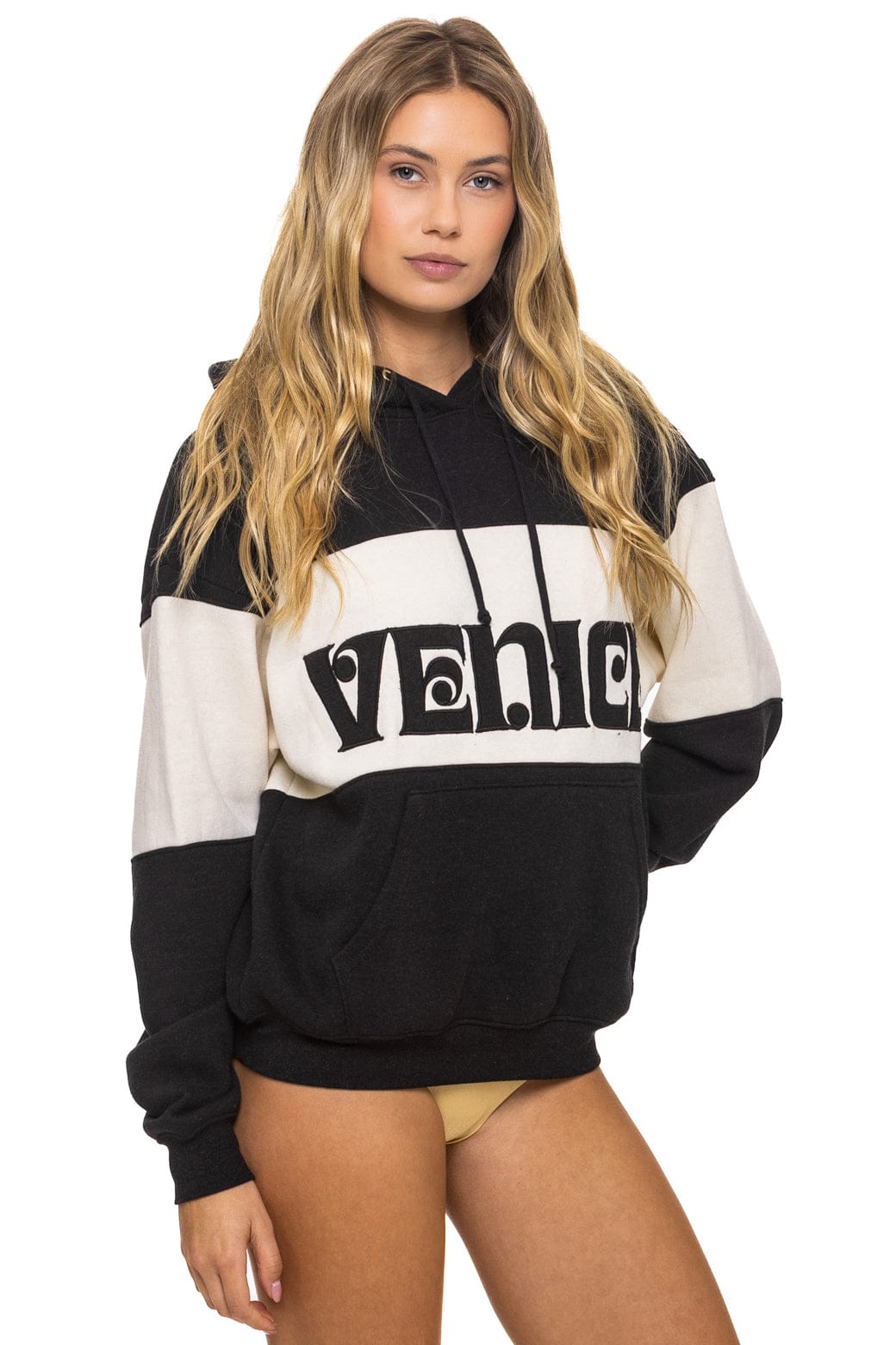 Retro VENICE EMBROIDERY COLOR BLOCK PULLOVER HOODIE RELAXED - BLACK VINTAGE WHITE