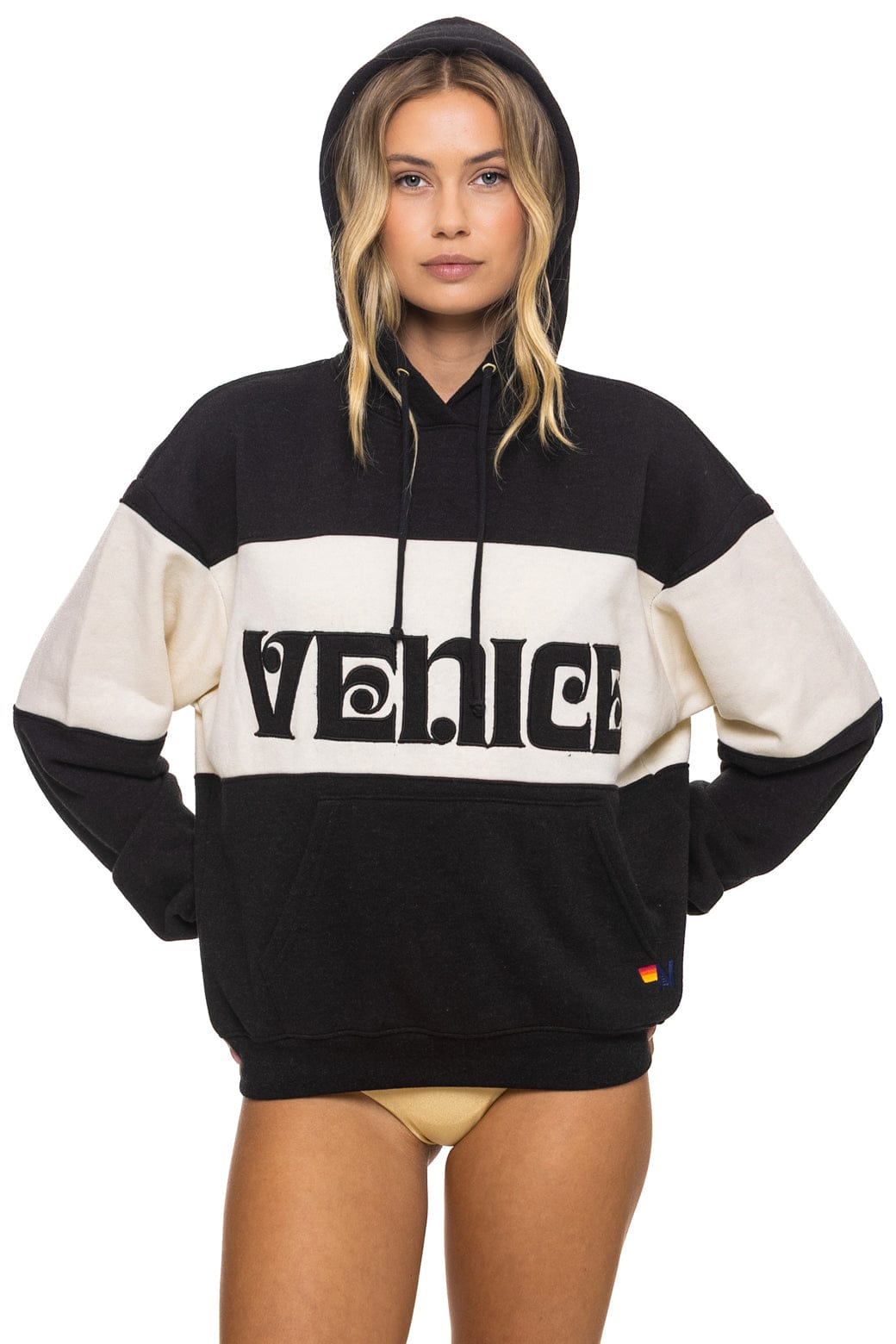Retro VENICE EMBROIDERY COLOR BLOCK PULLOVER HOODIE RELAXED - BLACK VINTAGE WHITE